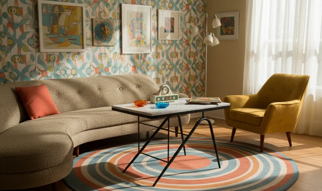 Antique garden table with colorful decor in the background.