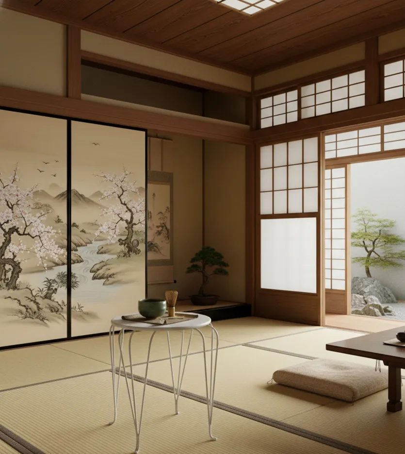 古いテーブルが日本庭園の環境の中で絵と共に。