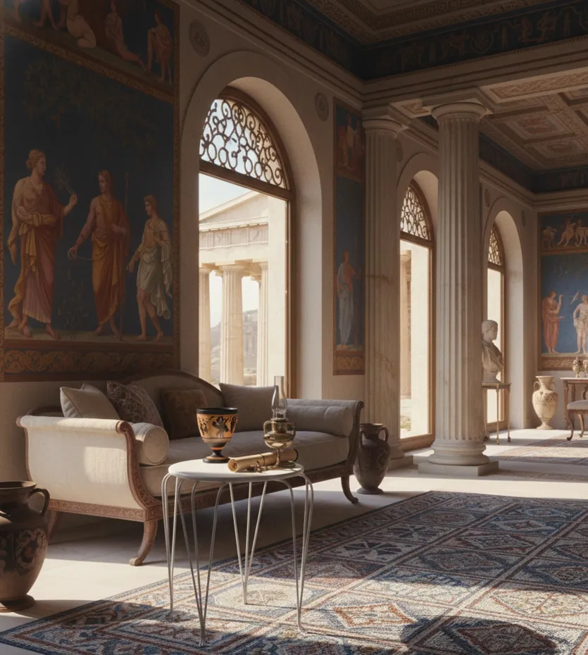 Tavolo antico in un ambiente elegante con decorazioni classiche.