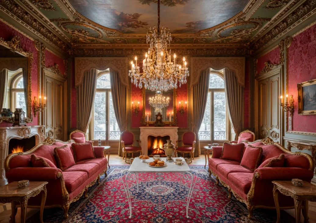 Antique garden table placed in a luxurious decorated living room.