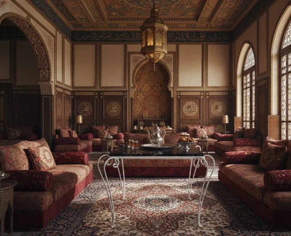 Antique garden table, elegant and decorative, surrounded by red sofas and a luxurious ambiance.