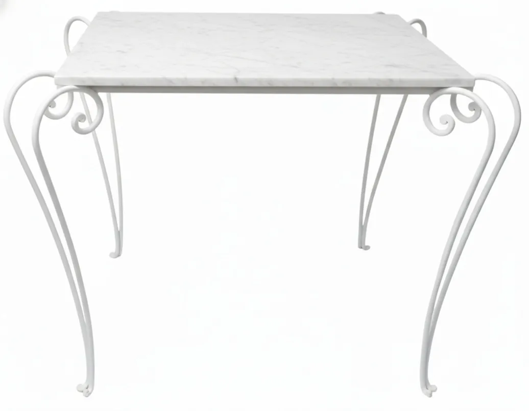 antique garden table with decorative white legs