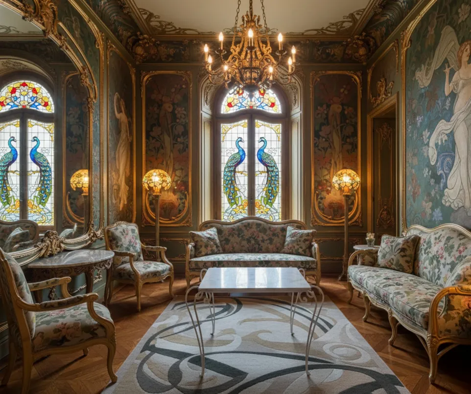 antiker Tisch in einem Garten mit Blumensofas