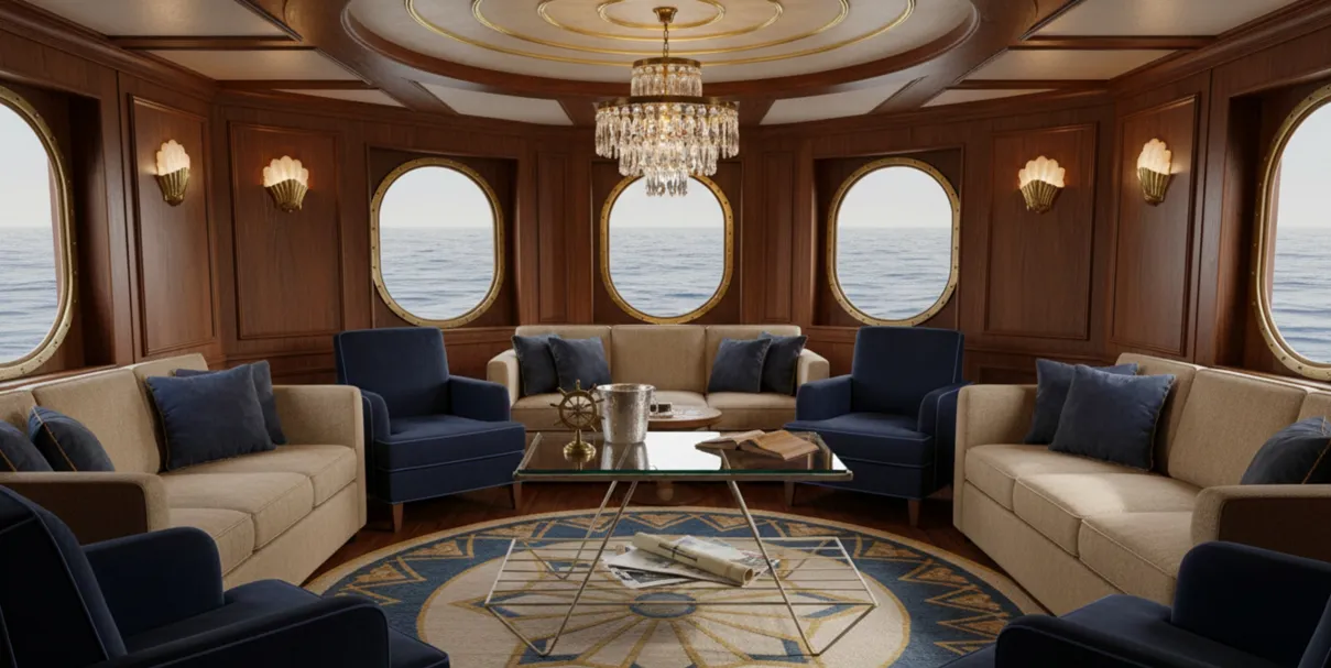 decorative antique table in nautical room with armchairs