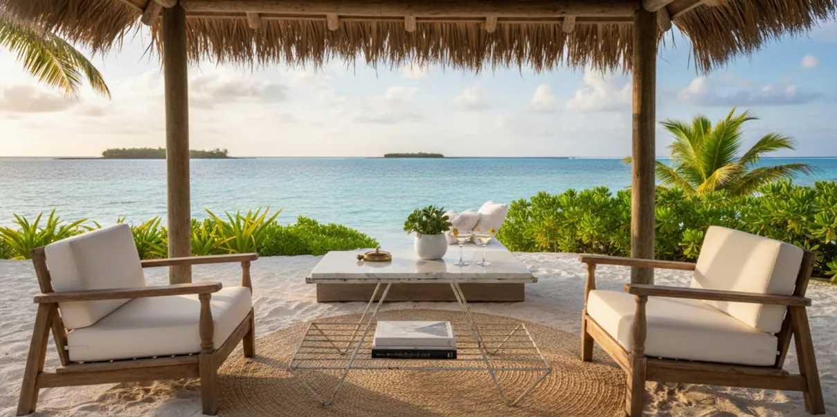 Mesa de jardim antiga com vista para o mar e plantas