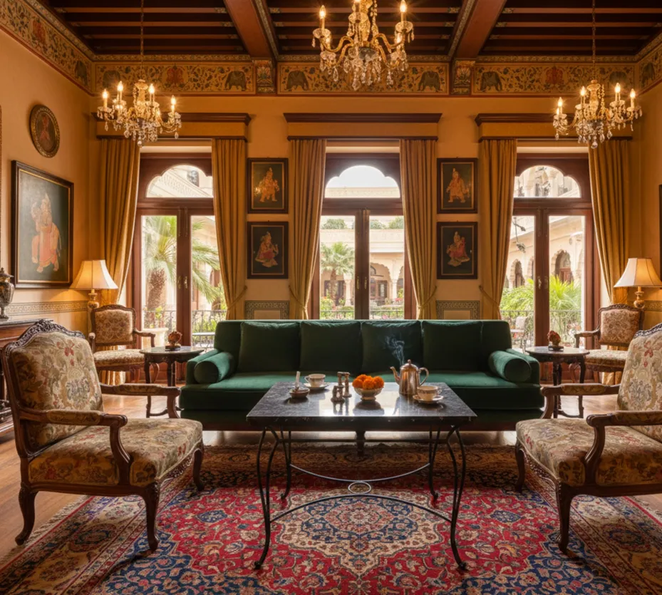 Tavolo antico con decorazione elegante e ambiente da giardino