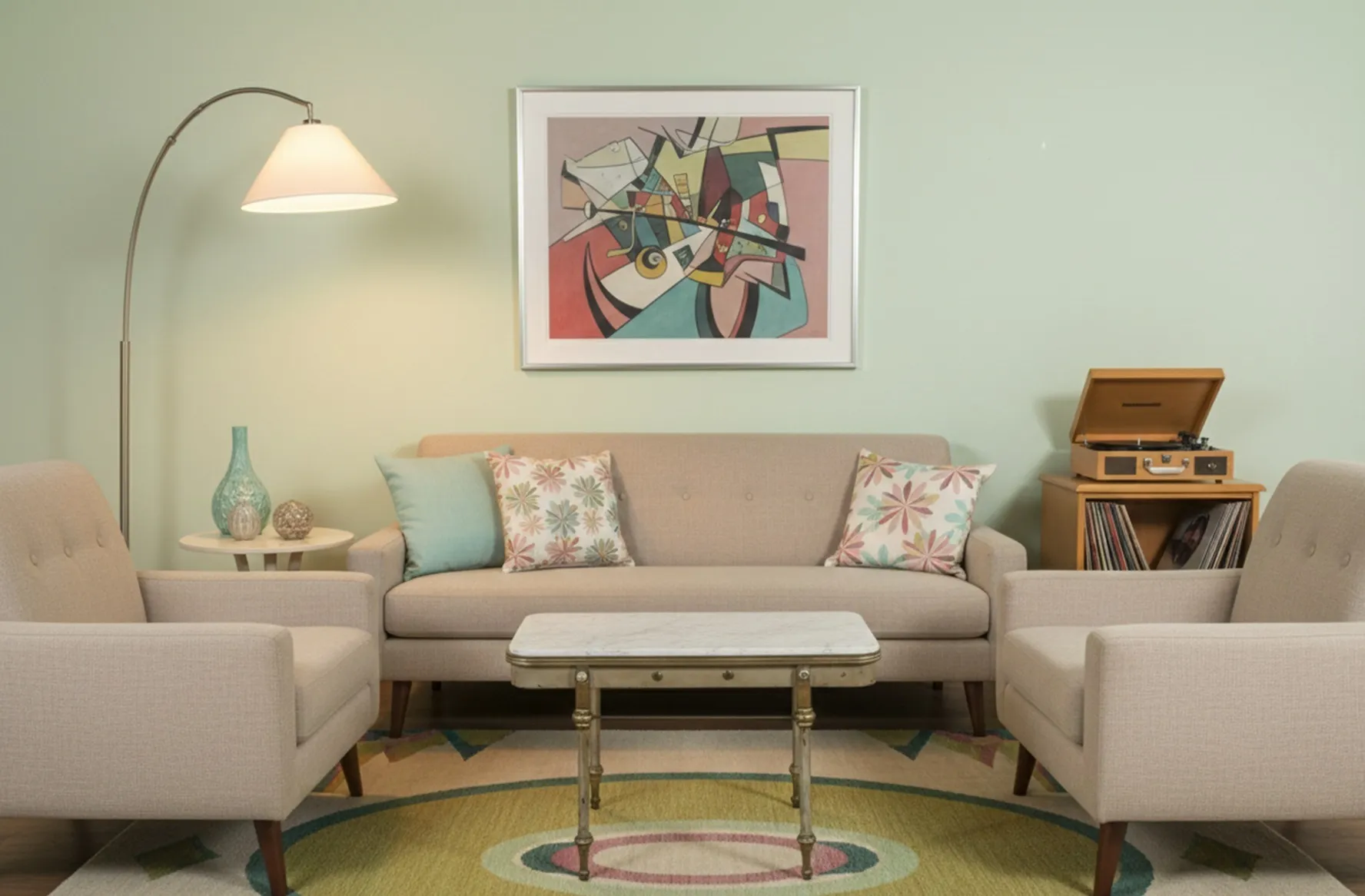 Tavolo antico bianco con gambe decorative in un soggiorno sereno adornato con mobili da giardino e elementi decorativi.