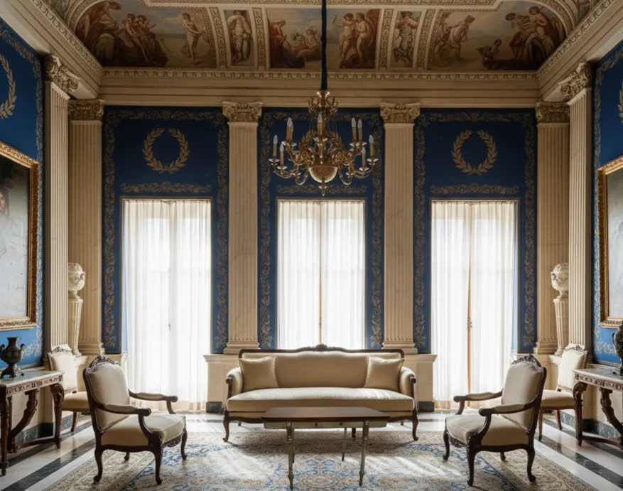 Mesa antigua de jardín con sillones y decoraciones elegantes.