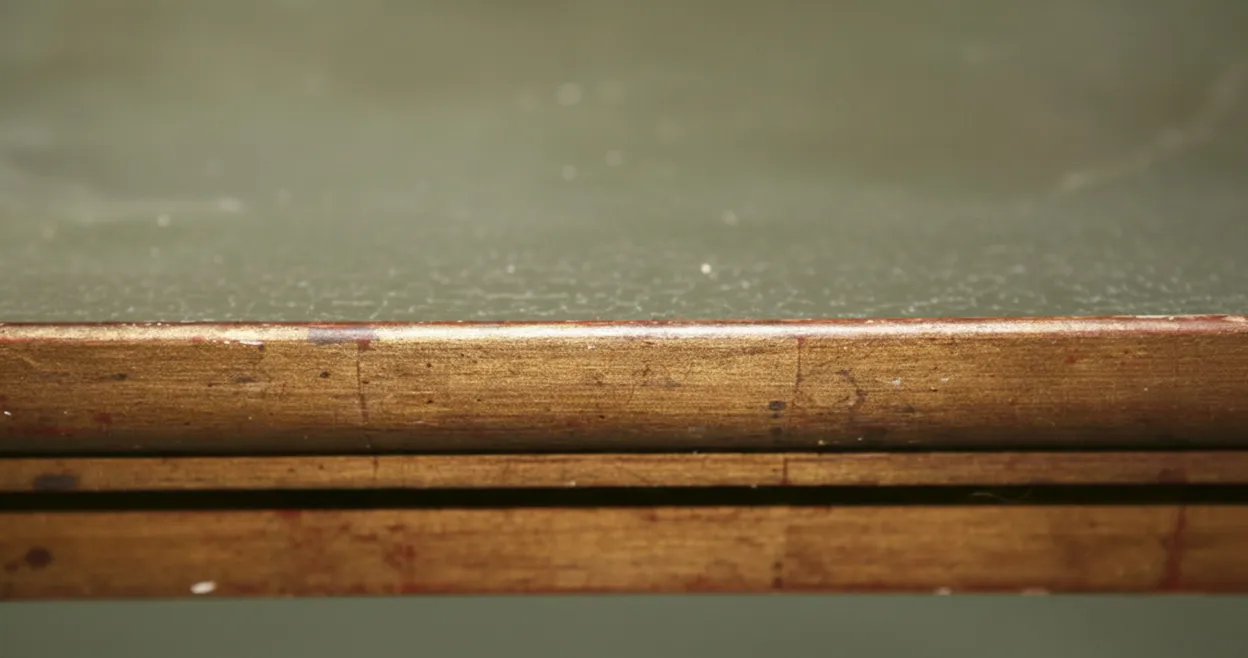 Close-up of an antique table Chanaux et Pelletier with smooth surface and golden edge, in an elegant setting.