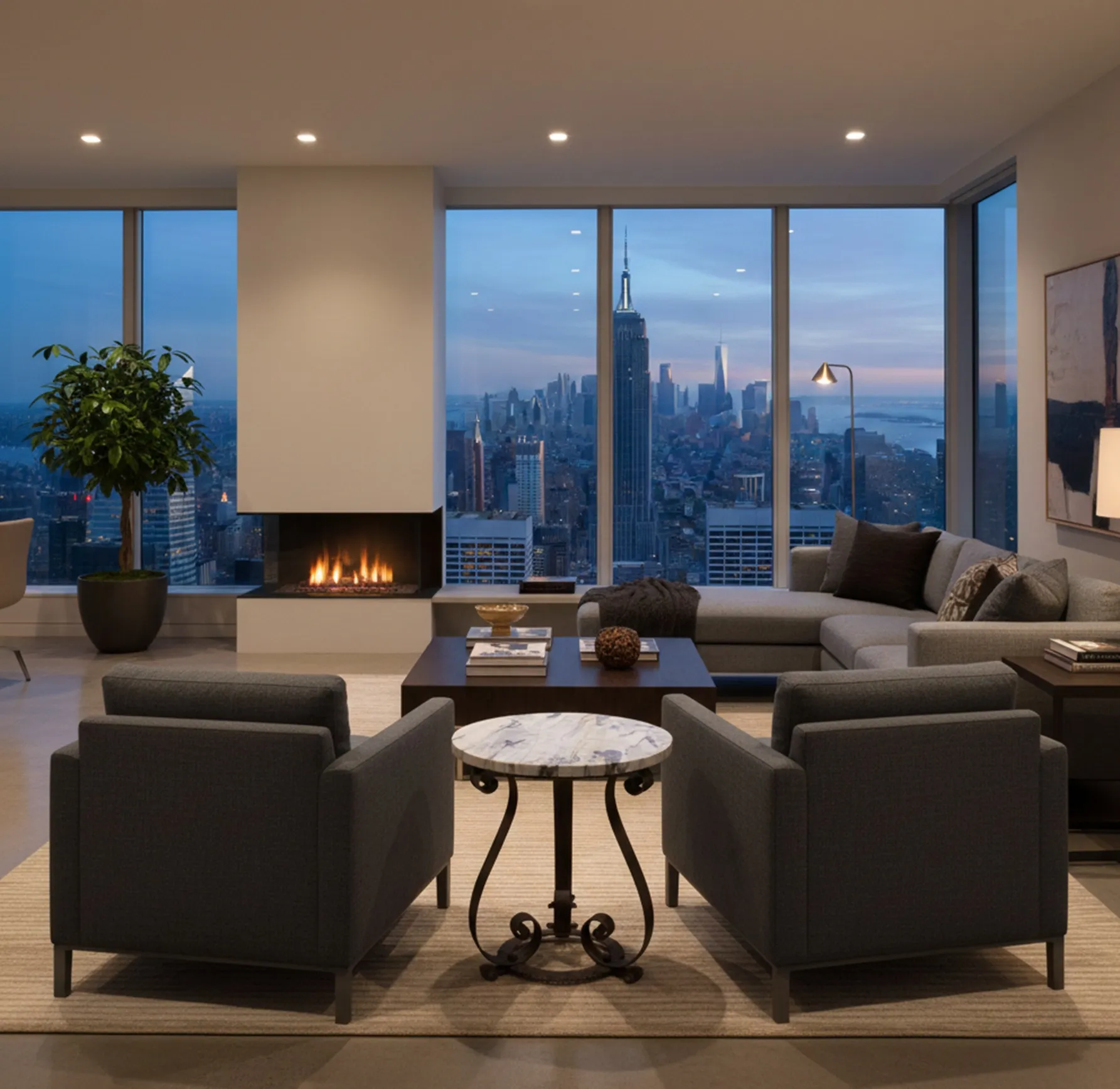 Antiker Wohnzimmertisch, modernes Ambiente mit Stadtblick.