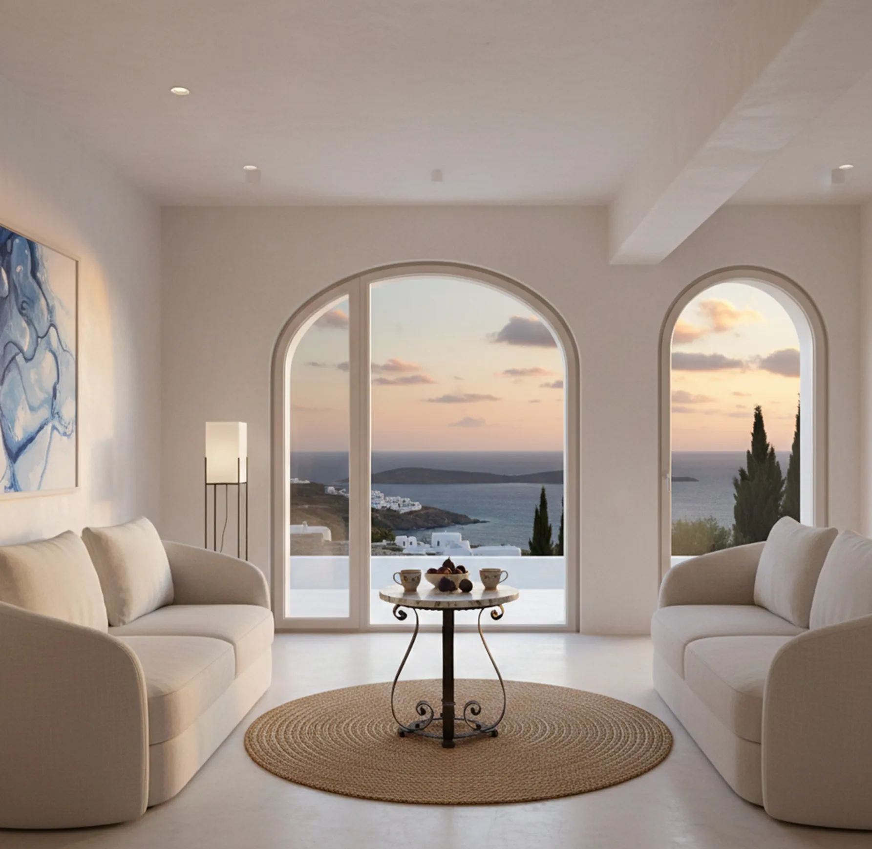 tavolo antico in un soggiorno moderno, accanto a una grande finestra con vista mare e mobili chiari