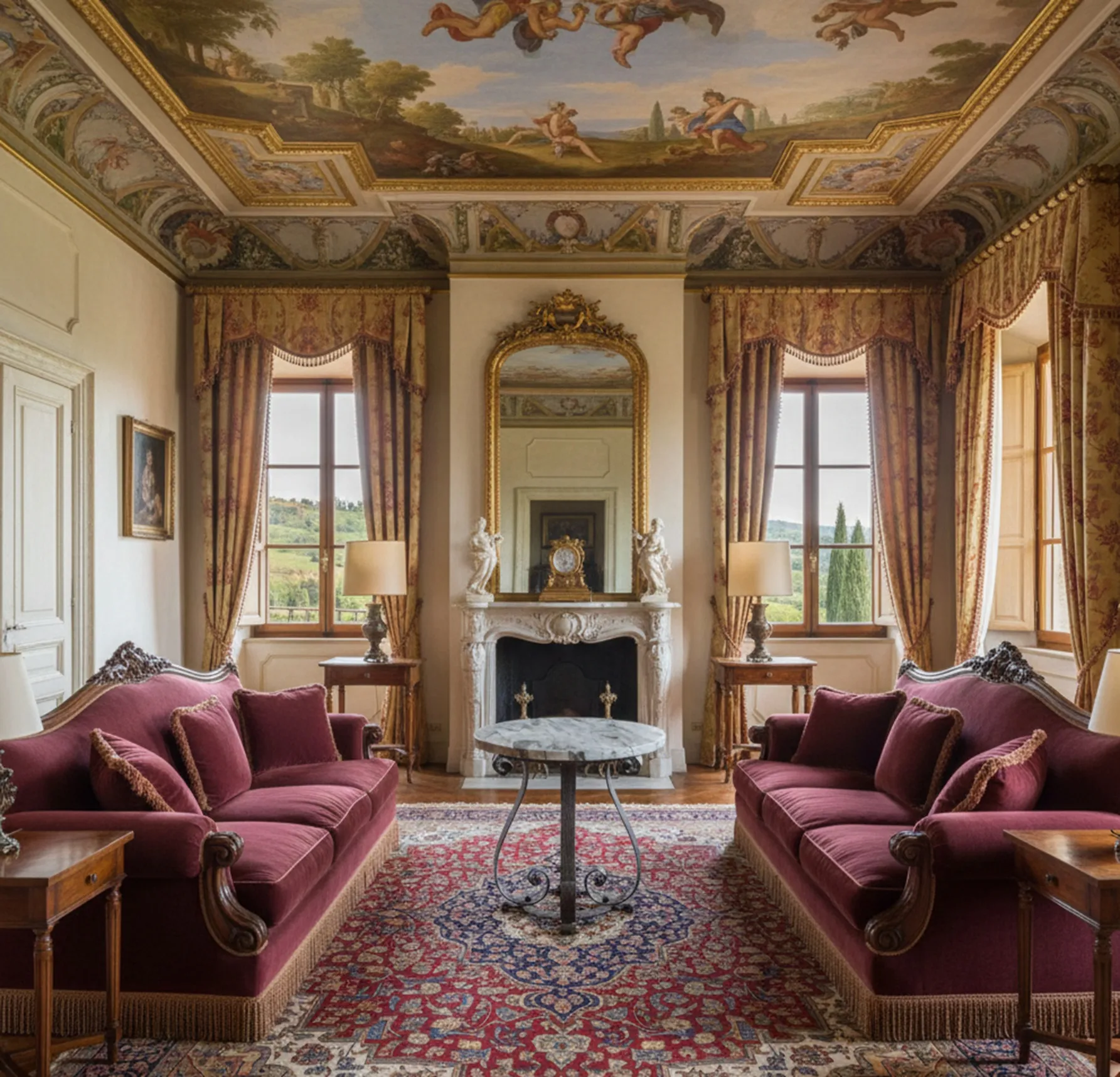 طاولة قديمة مع أرجل مزخرفة في غرفة معيشة تقليدية