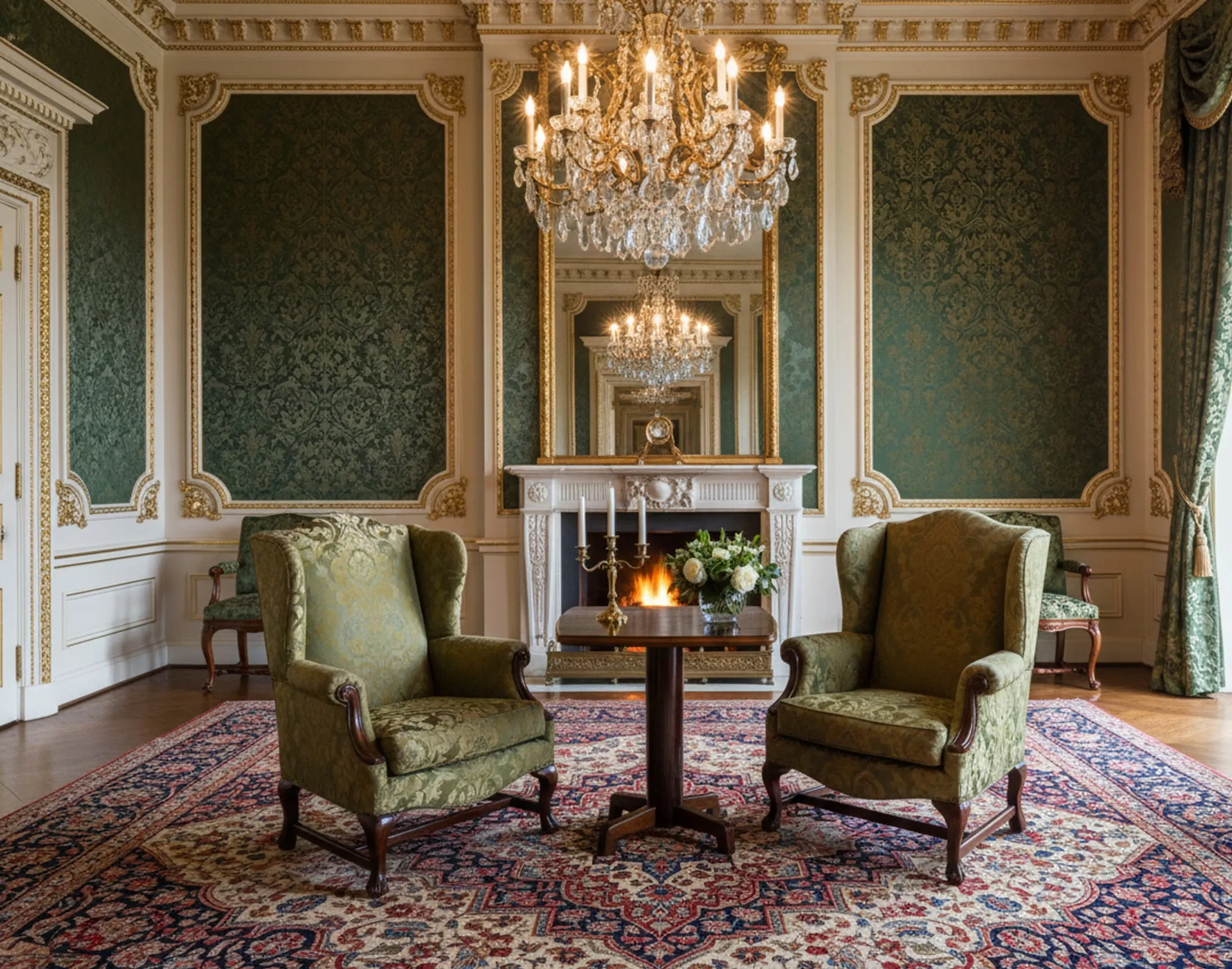 Petite table ancienne dans salon élégant avec chaises vertes et tapis