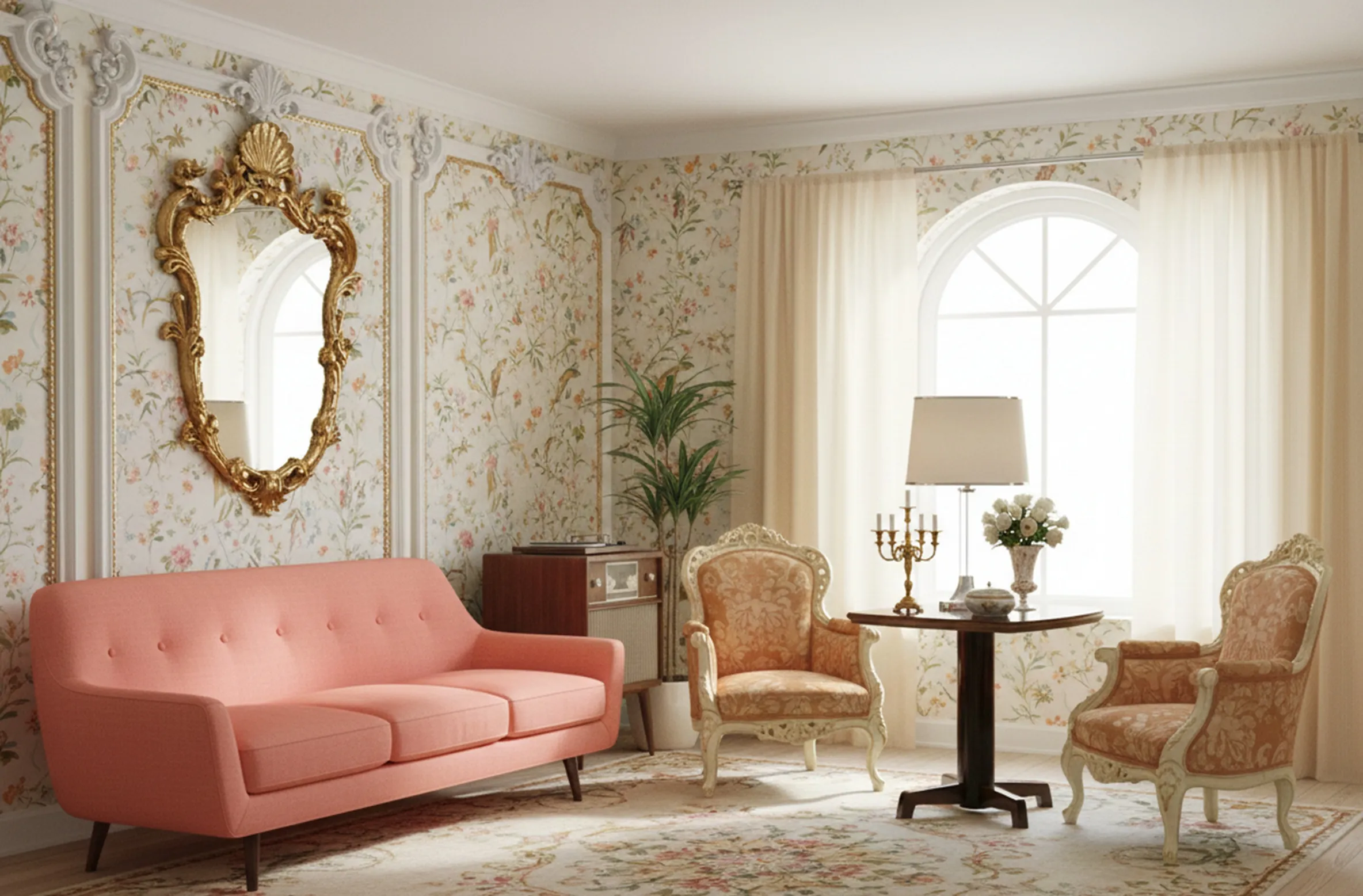 kleiner antiker Tisch in einem blumendekorierten Wohnzimmer mit einem goldenen Spiegel