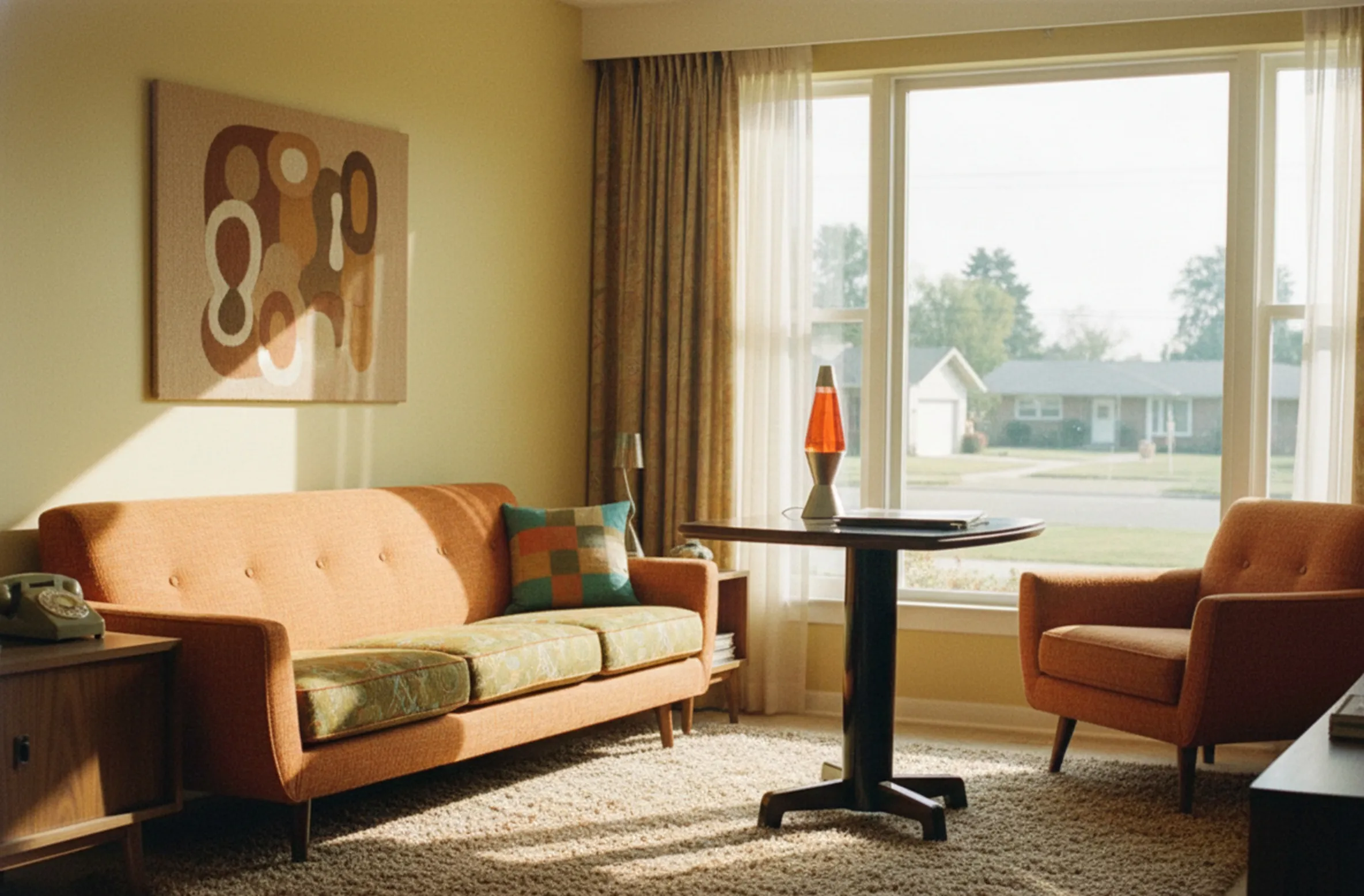 Antique small table in a living room with a sofa and window