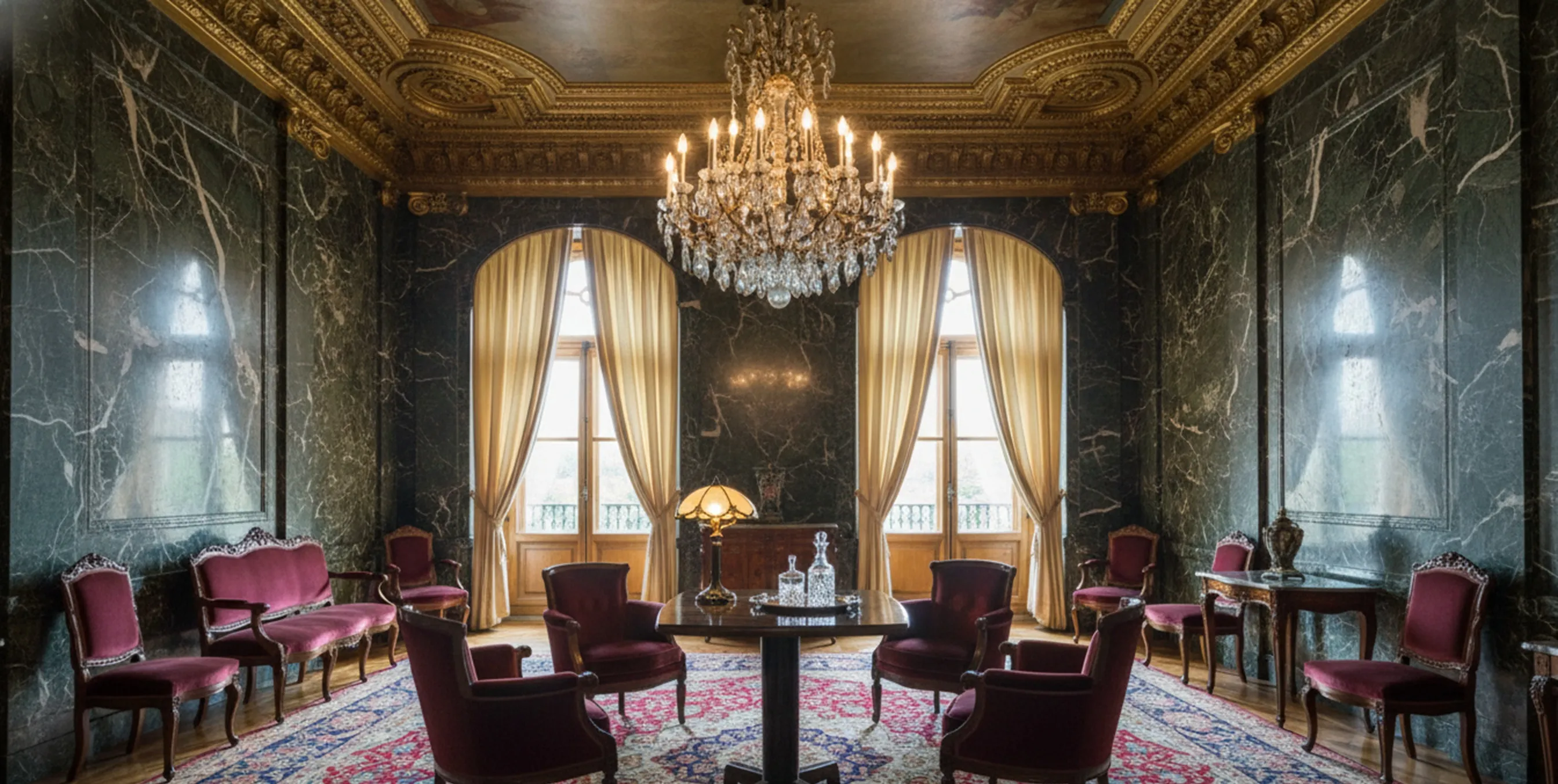 طاولة صغيرة قديمة في بيئة أنيقة مع كراسي حمراء