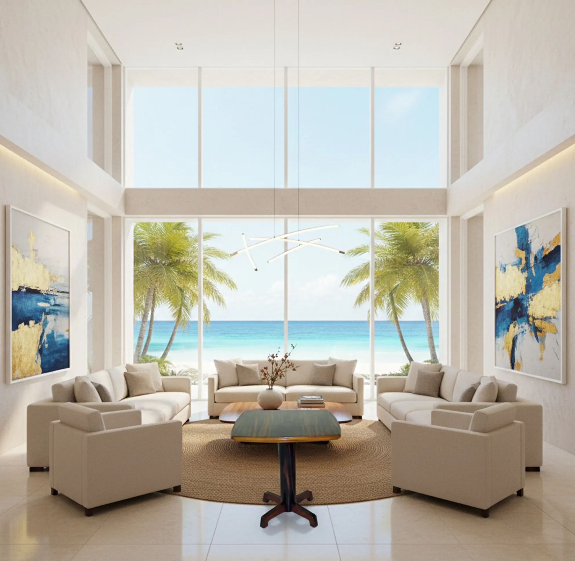 Mesita antigua de forma cuadrada, ubicada en ambiente moderno y luminoso junto a plantas tropicales.