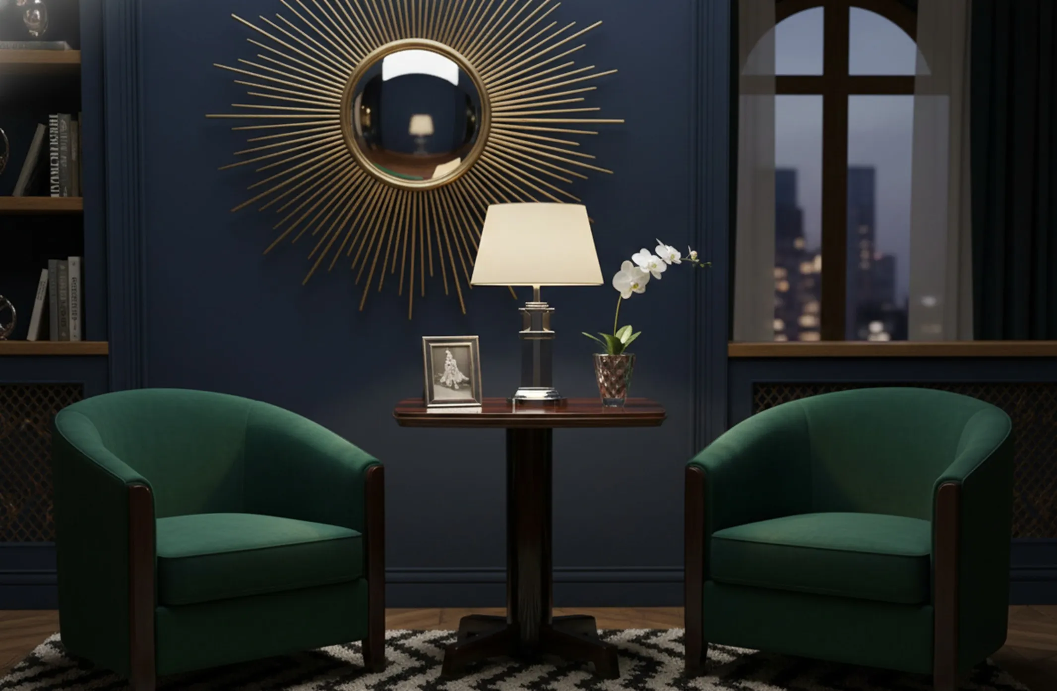 Антикварный маленький столик с лампой и орхидеями