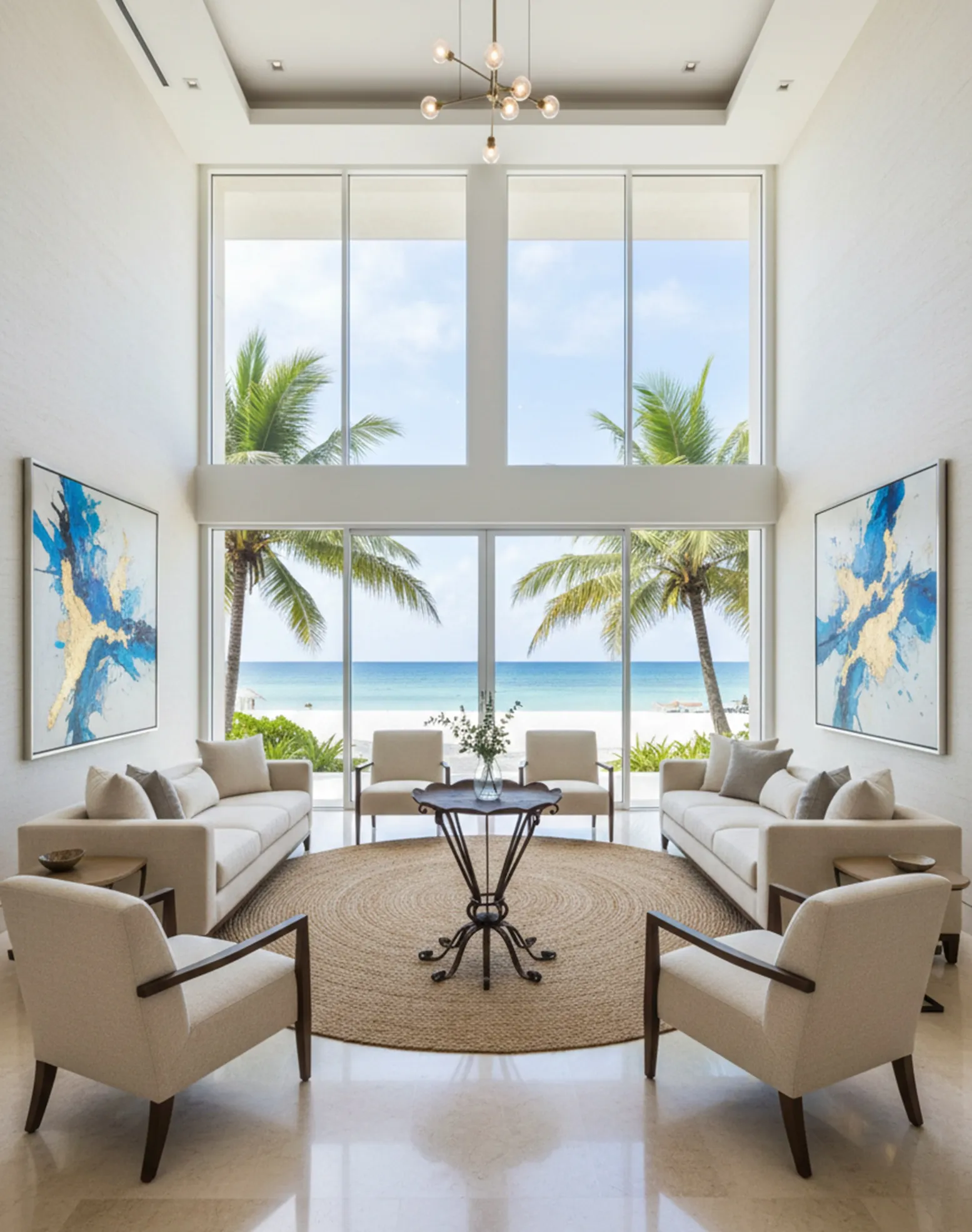 Tavolo antico in un soggiorno luminoso con vista mare, decorato con piante