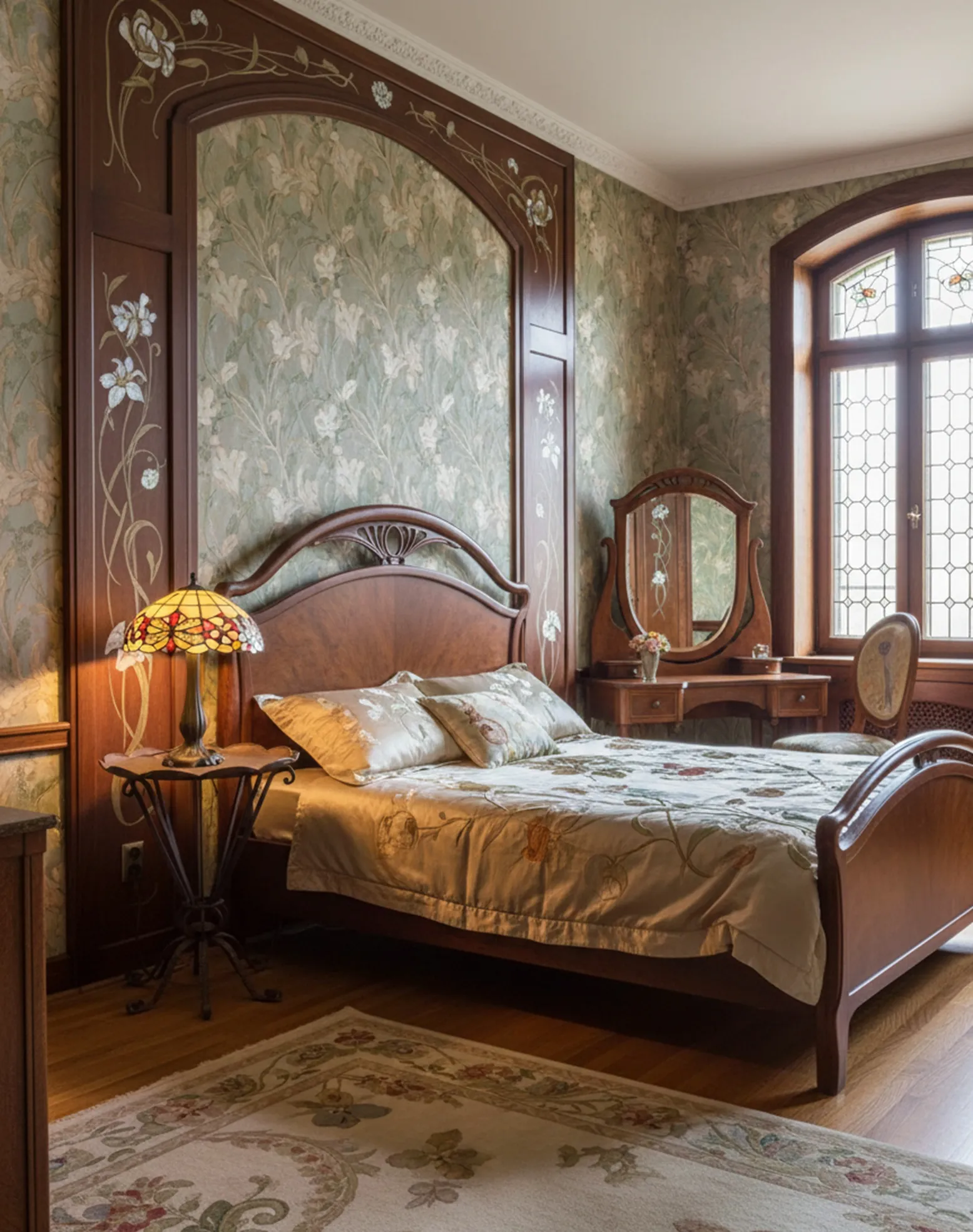 table antique dans une chambre décorée avec des fleurs