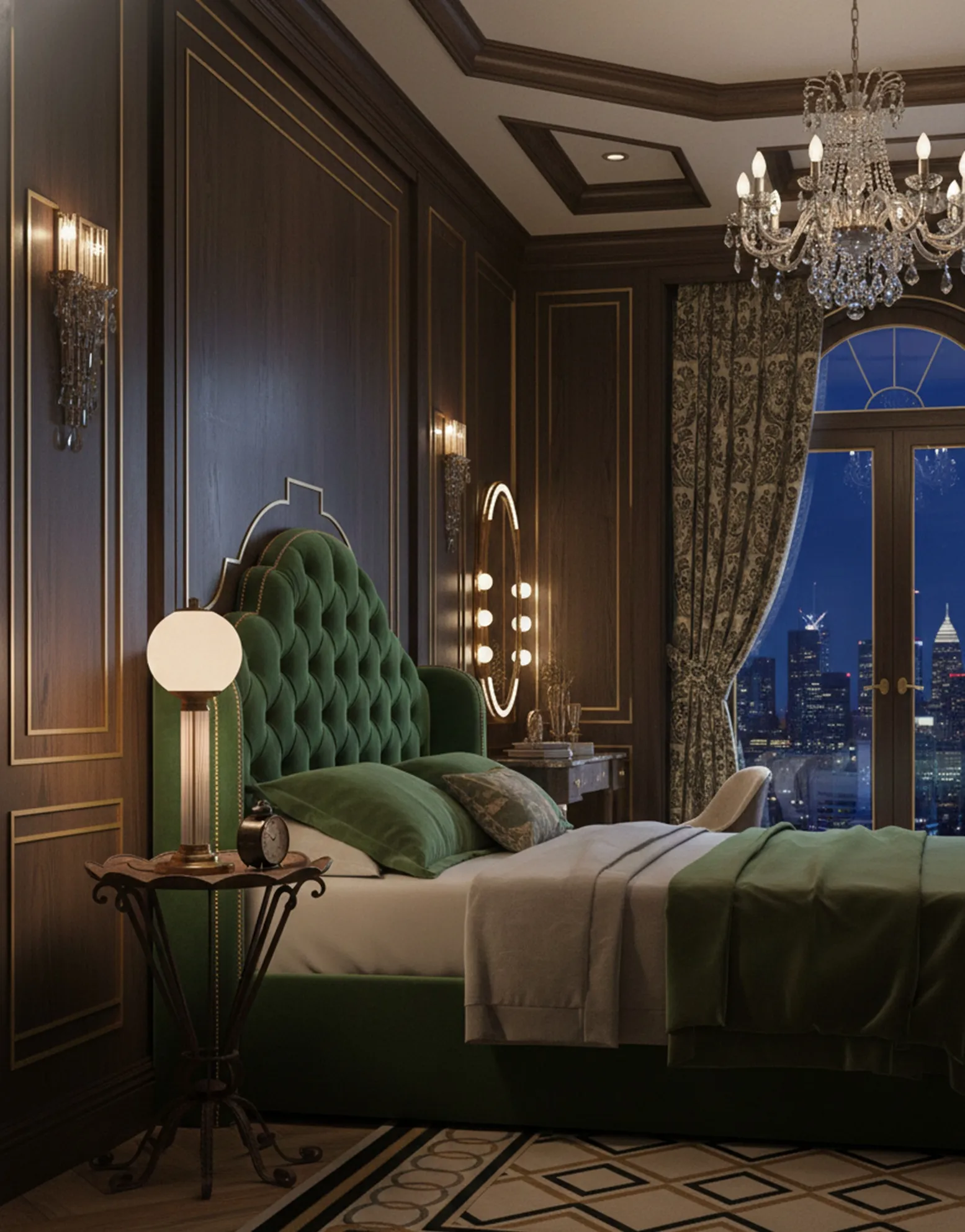 mesa antiga ao lado da cama com lâmpada acesa