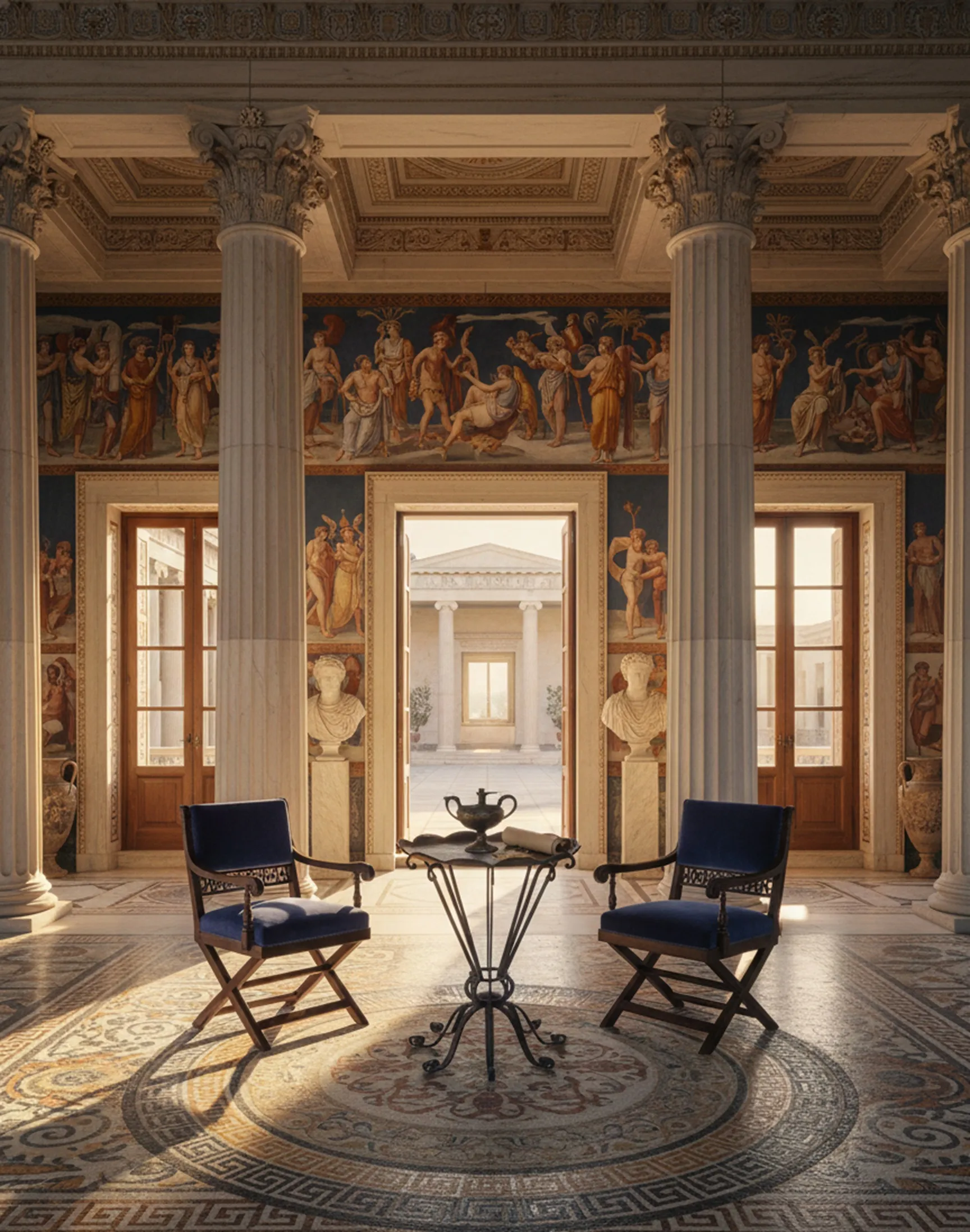 tavolo antico in ambiente elegante con colonne e affreschi