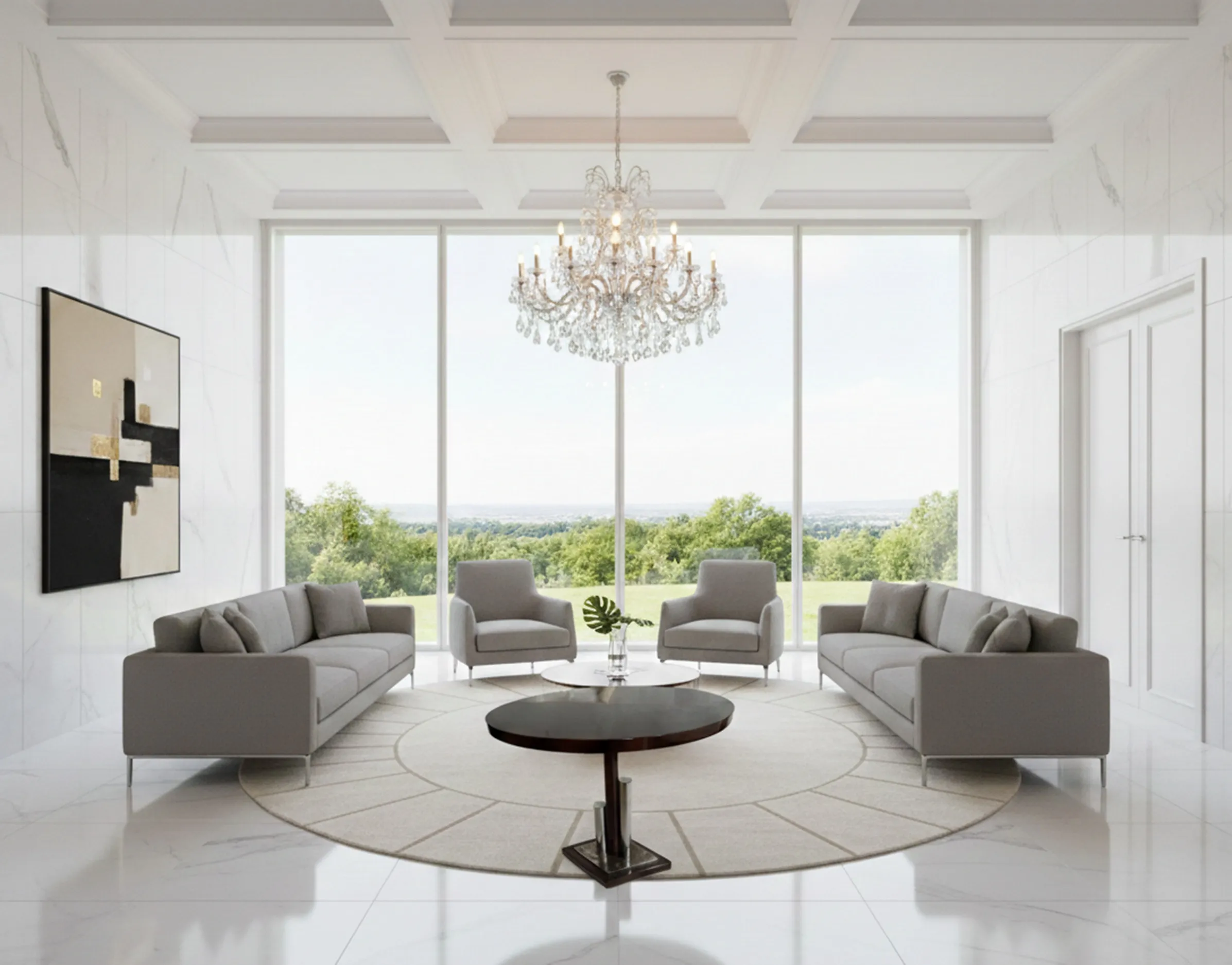 mesa antigua en un salón moderno con sofá gris