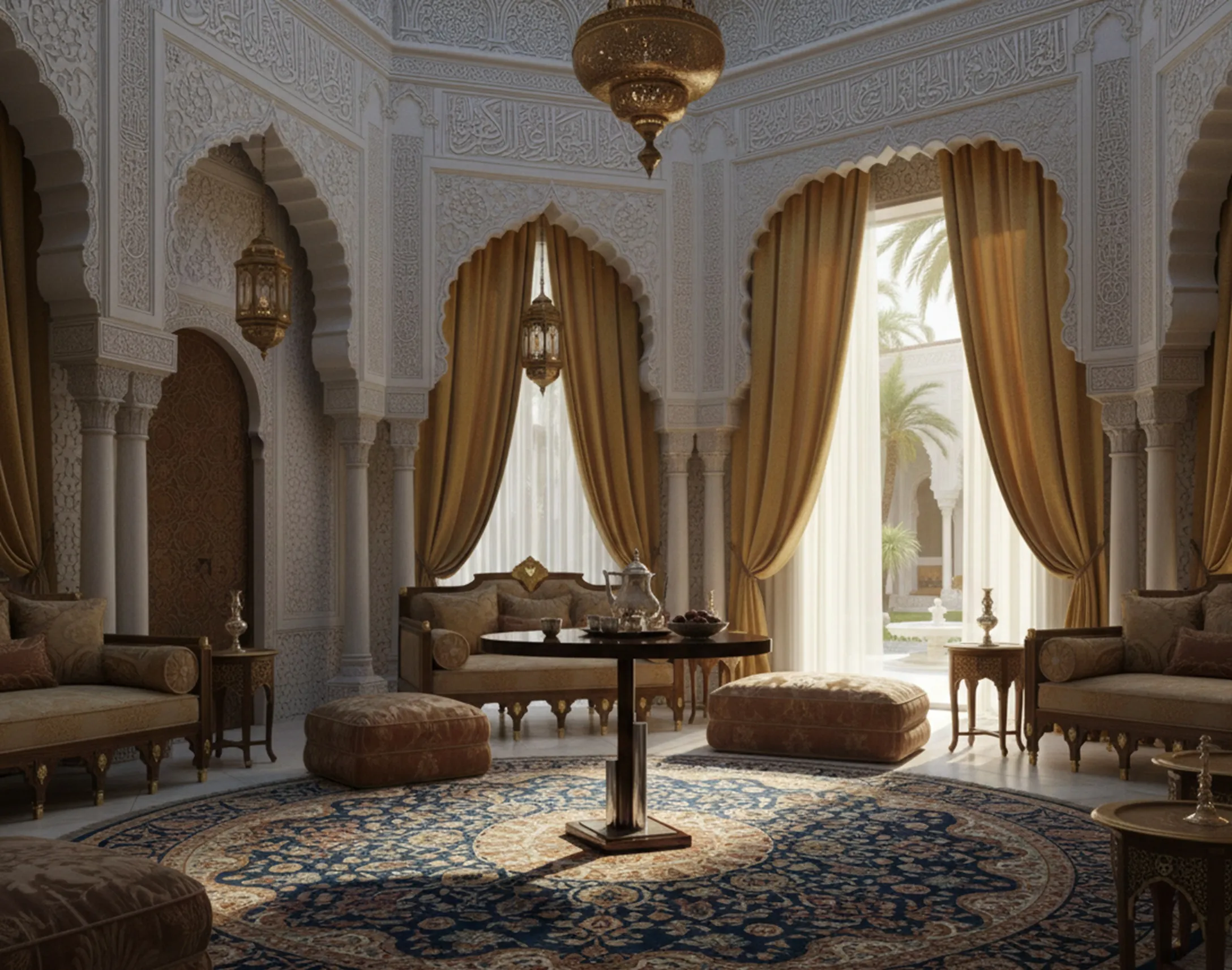 Tavolo antico in un elegante salone con tende dorate e decorazioni elaborate.