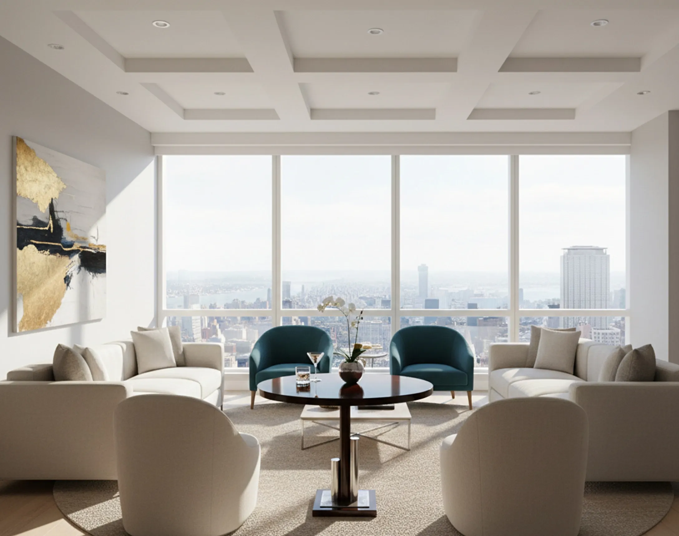 tavolo antico decorativo accanto a un divano moderno e grandi finestre