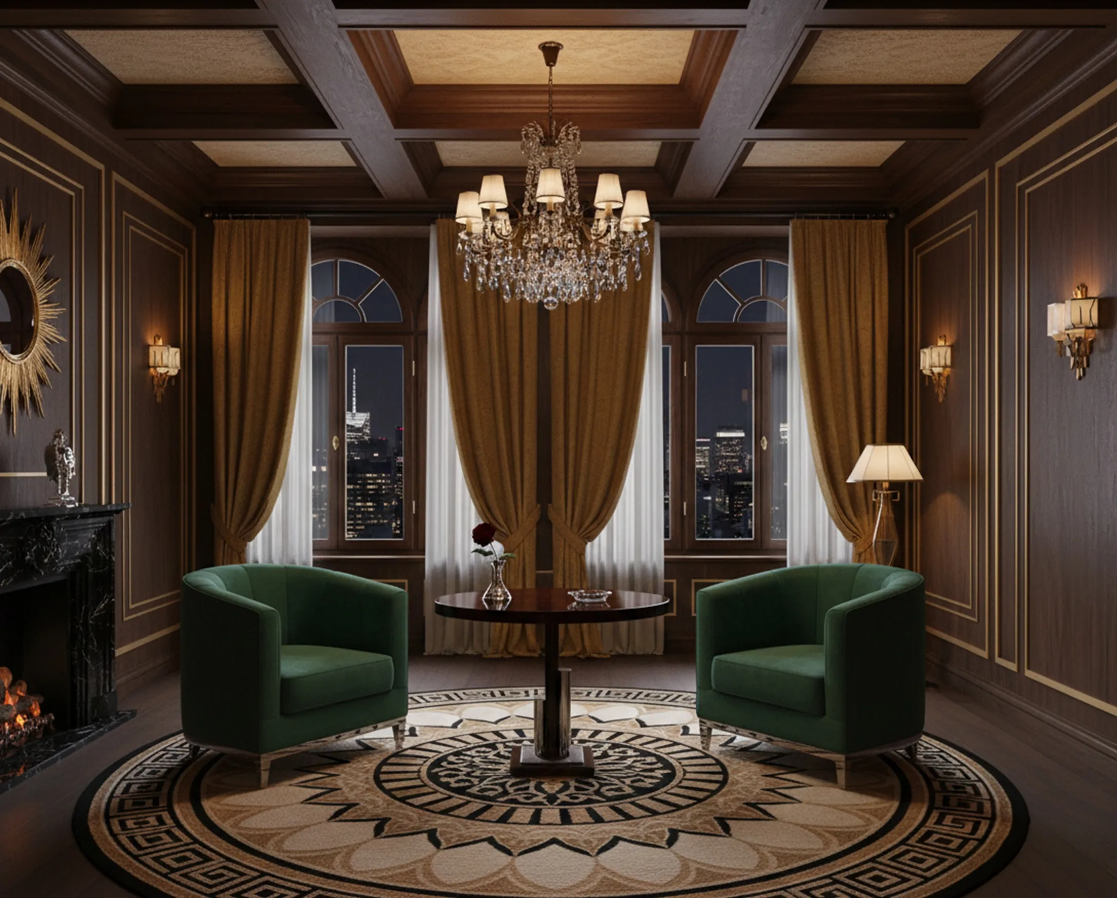 Mesa antigua de salón con sillas verdes y ventanas grandes