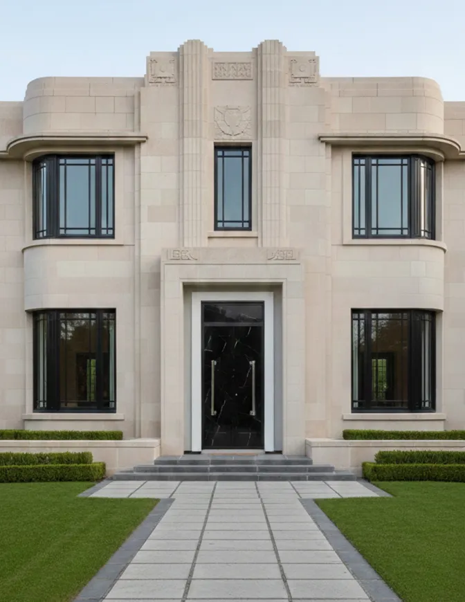 tiradores de puerta antiguos estilo art deco, con detalles sofisticados en el marco de la entrada