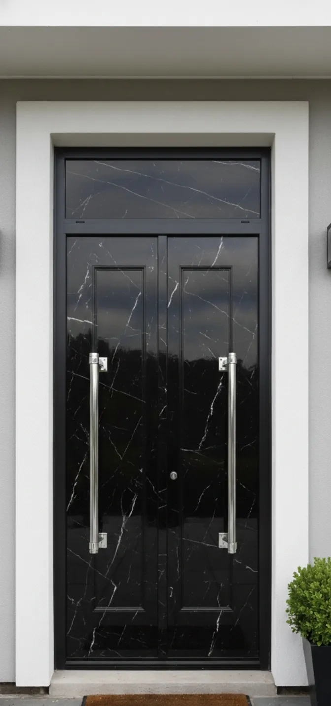 antique door handles on a sleek black door