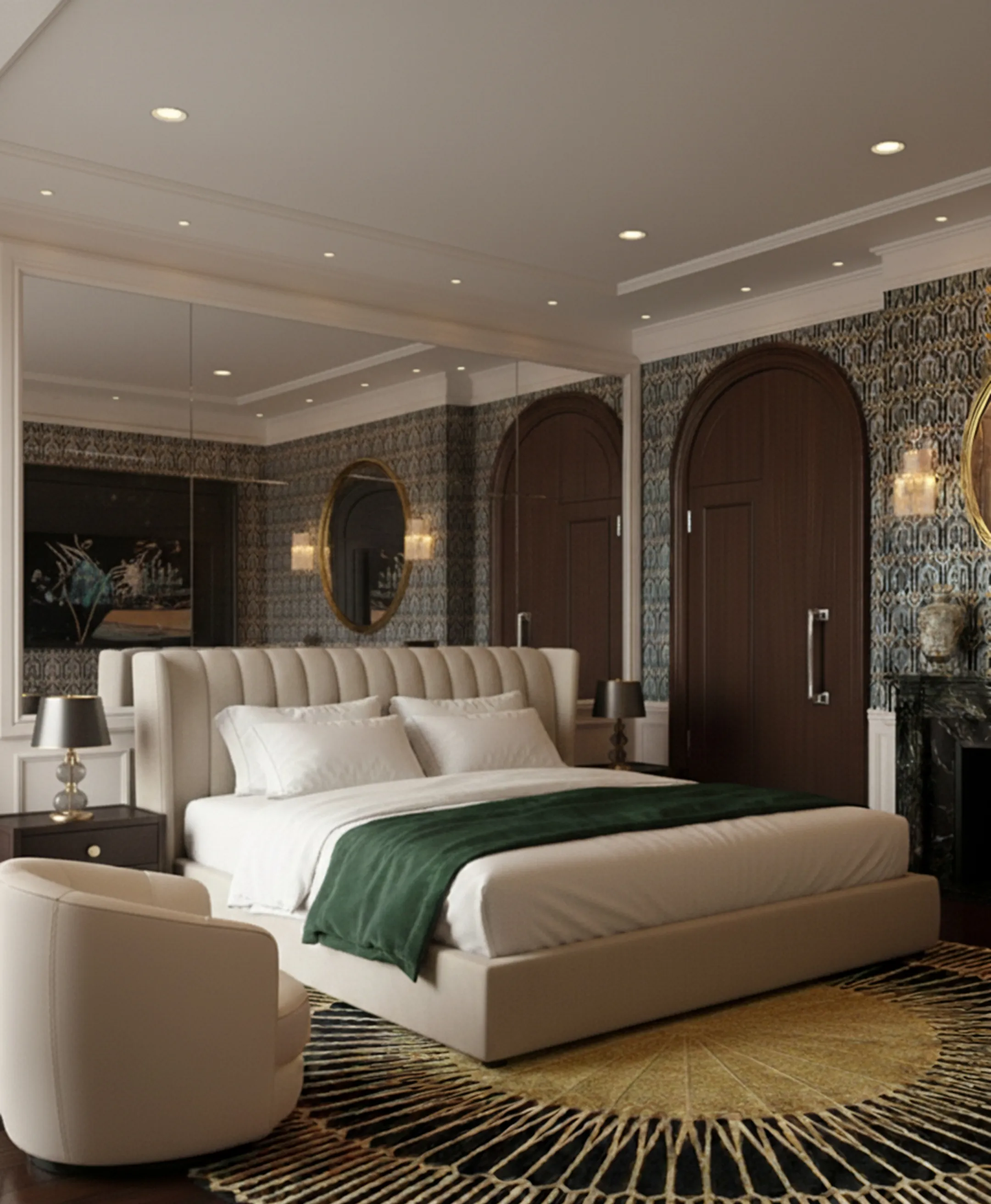 tiradores de puerta antiguos en un entorno elegante con cama y sillón