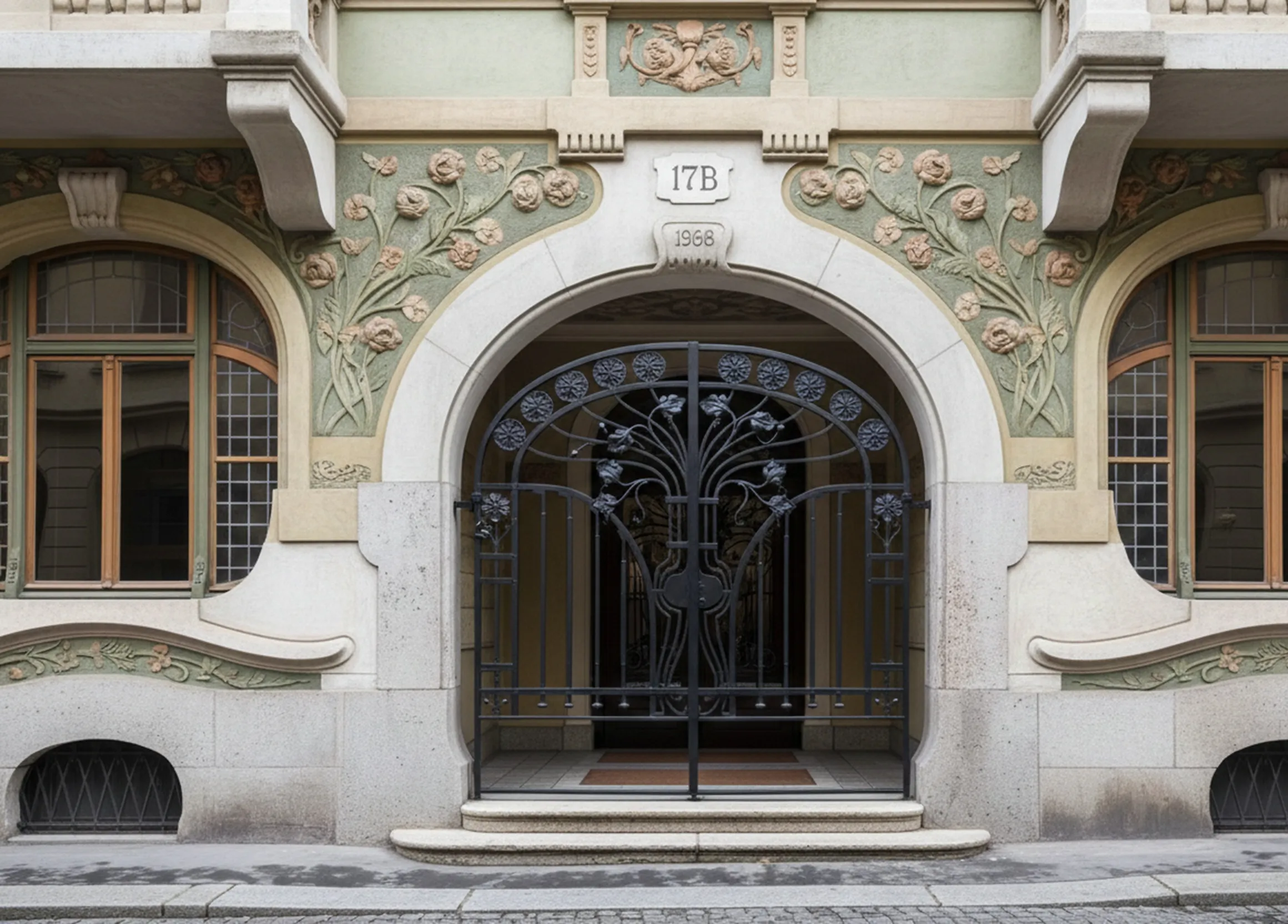 portone antico con design floreale e contesto architettonico