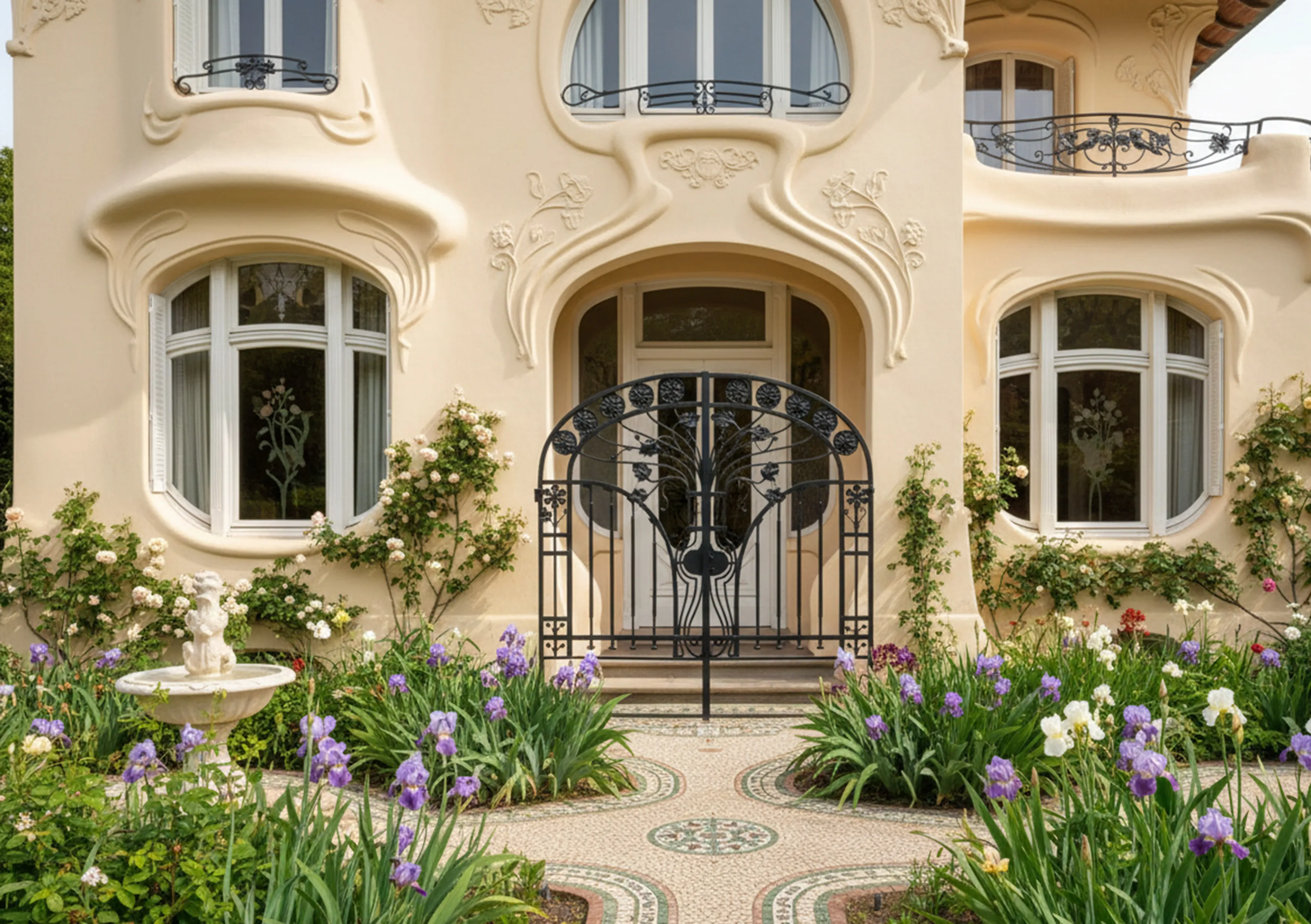 portail ancien avec des détails floraux et une clôture élégante