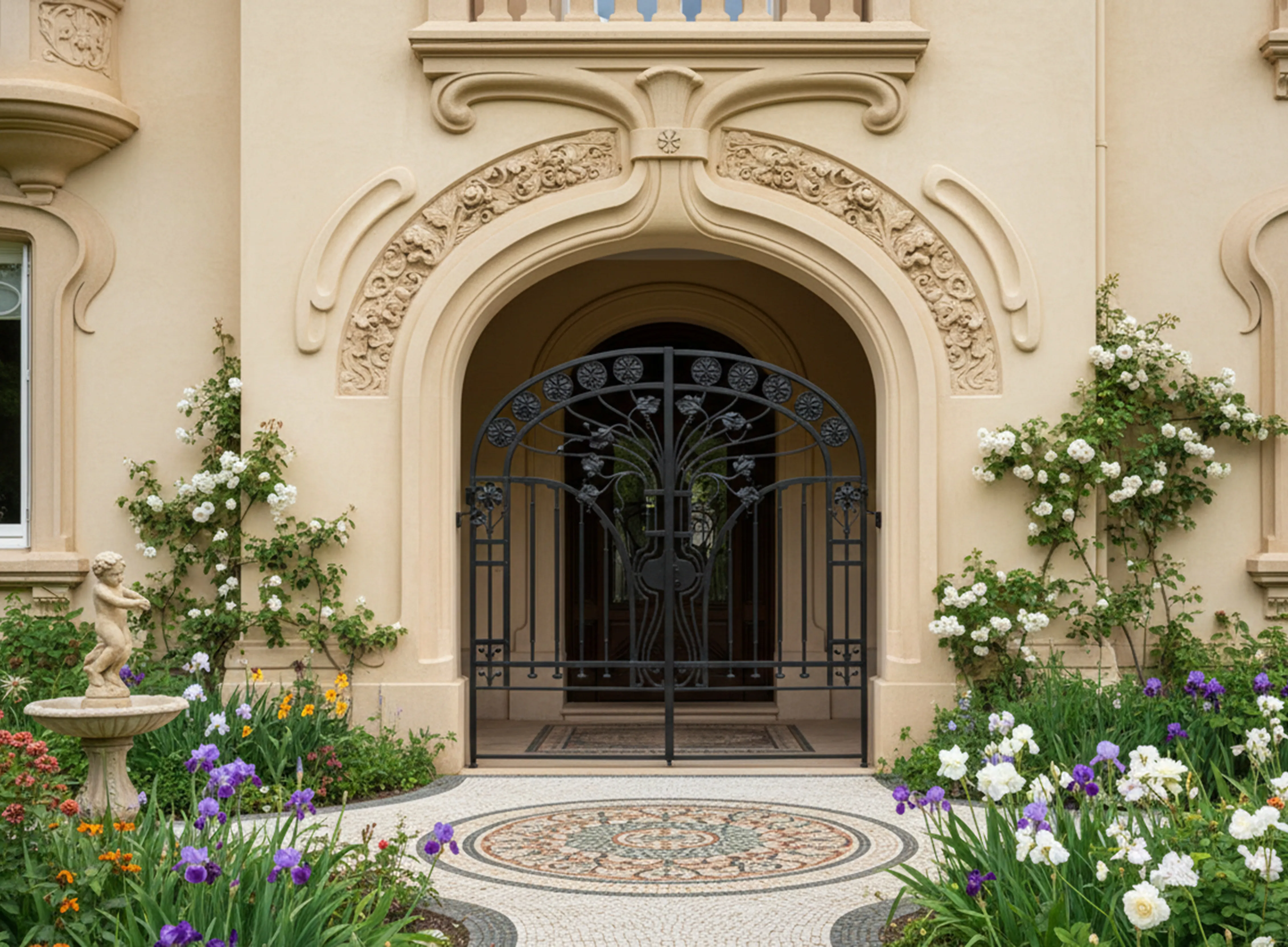 Portail ancien de jardin avec décoration florale à l'entrée.
