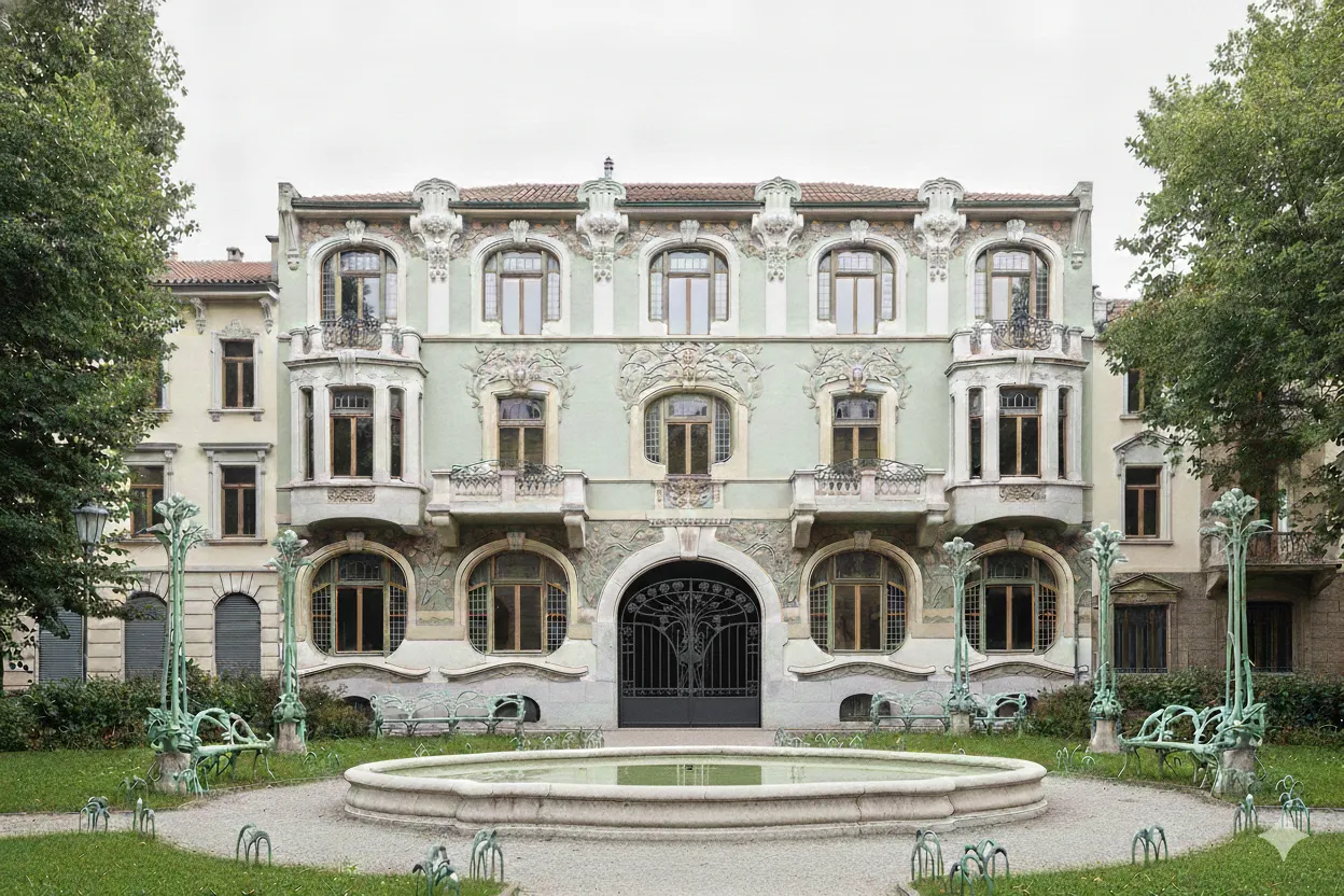 عرض بوابة قديمة مزخرفة في حديقة. عناصر المناظر الطبيعية مرئية في الخلفية.