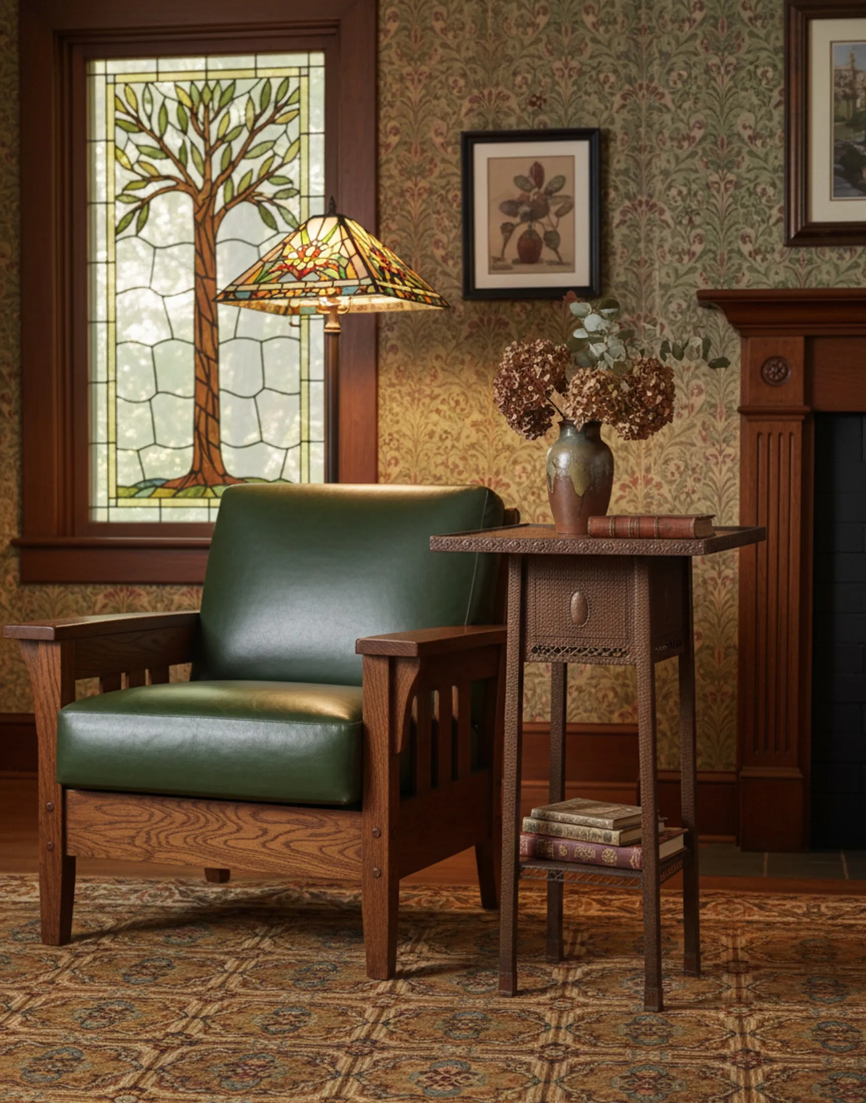 Petite table antique à côté d'un fauteuil vert dans un cadre chaleureux