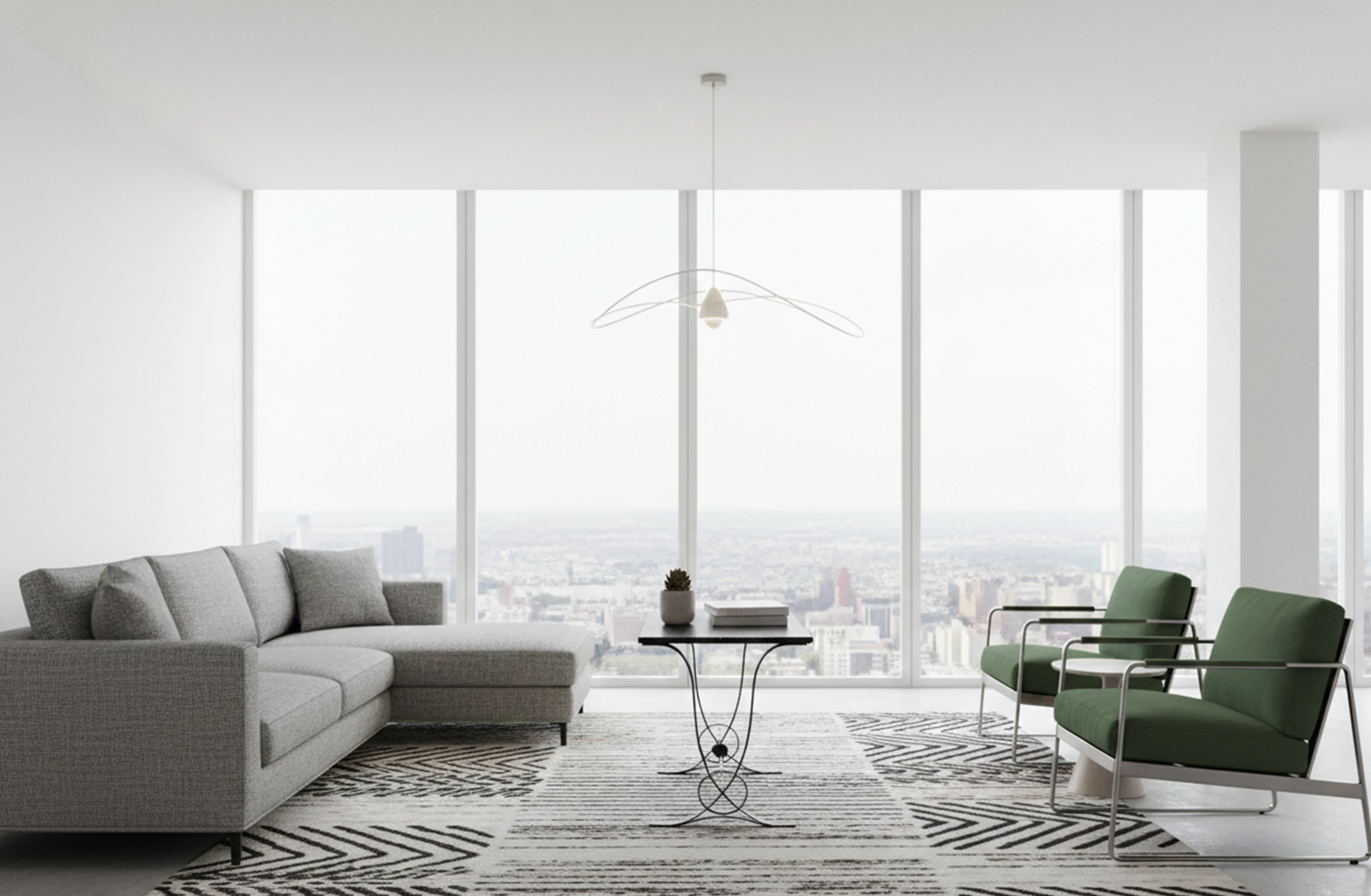 Mesa antigua en un salón moderno con vistas de ciudad.