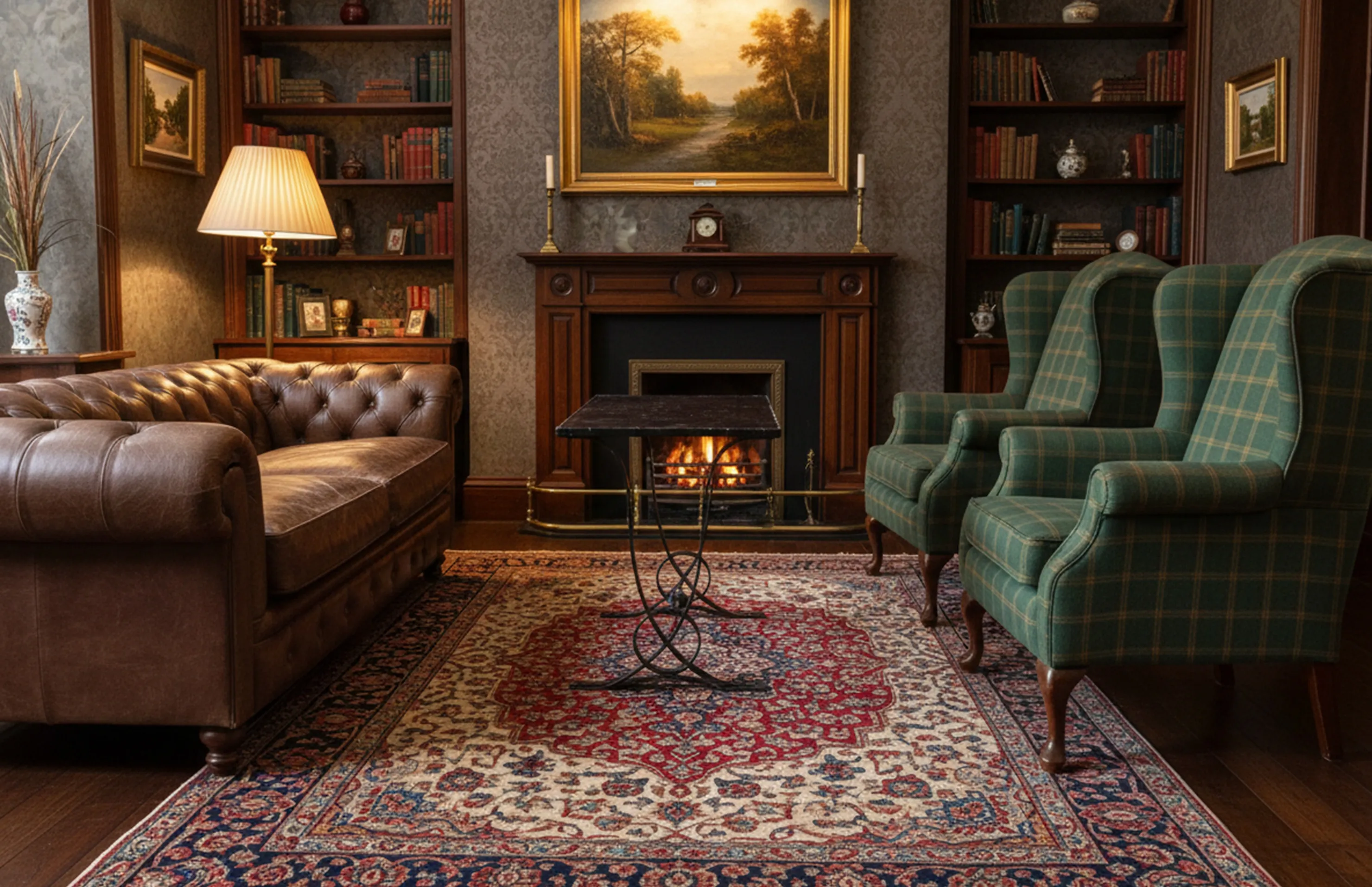 Mesa antigua en un ambiente acogedor con sillones y estanterías