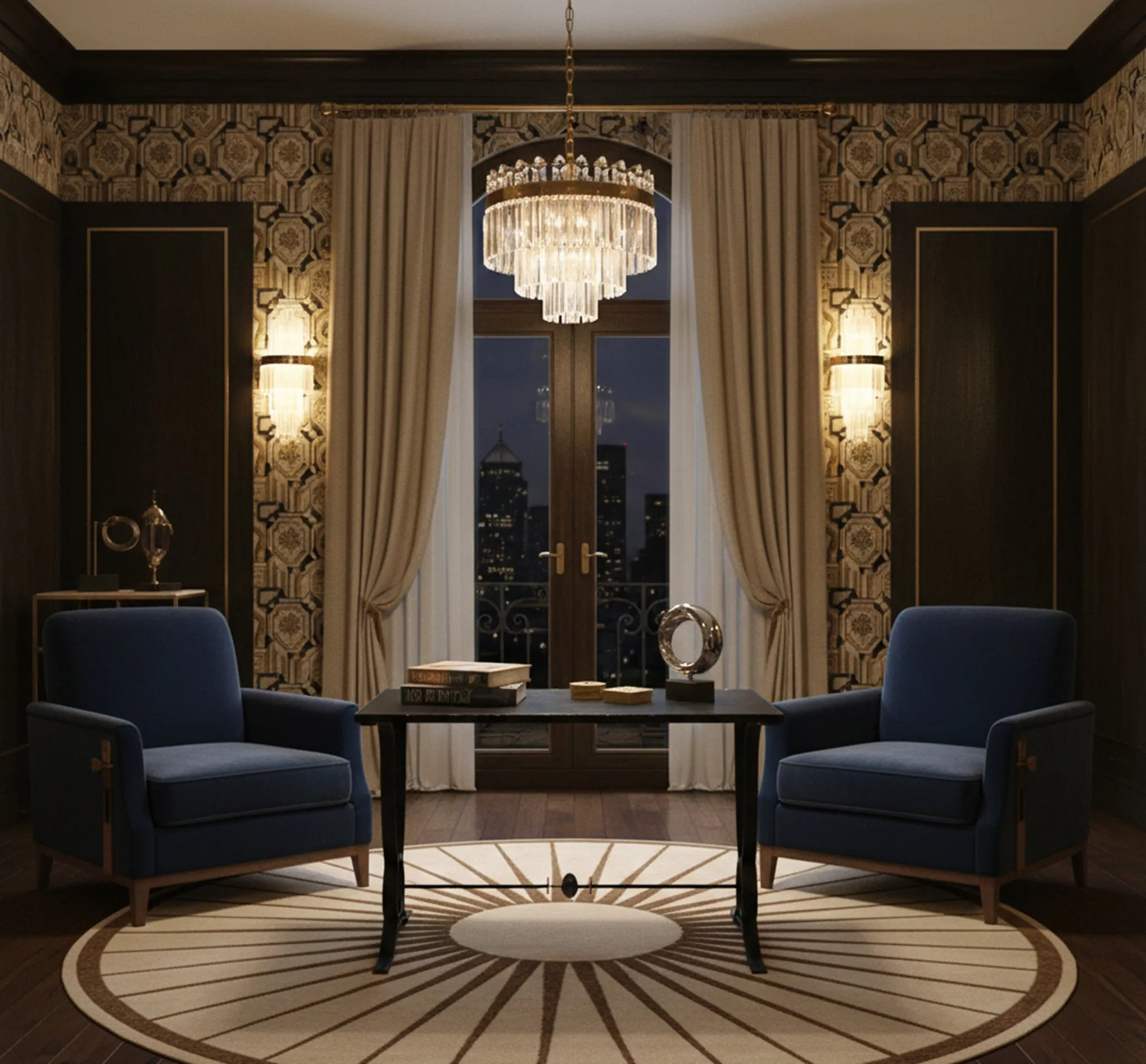 Mesa antigua en un salón elegante con sillas azules