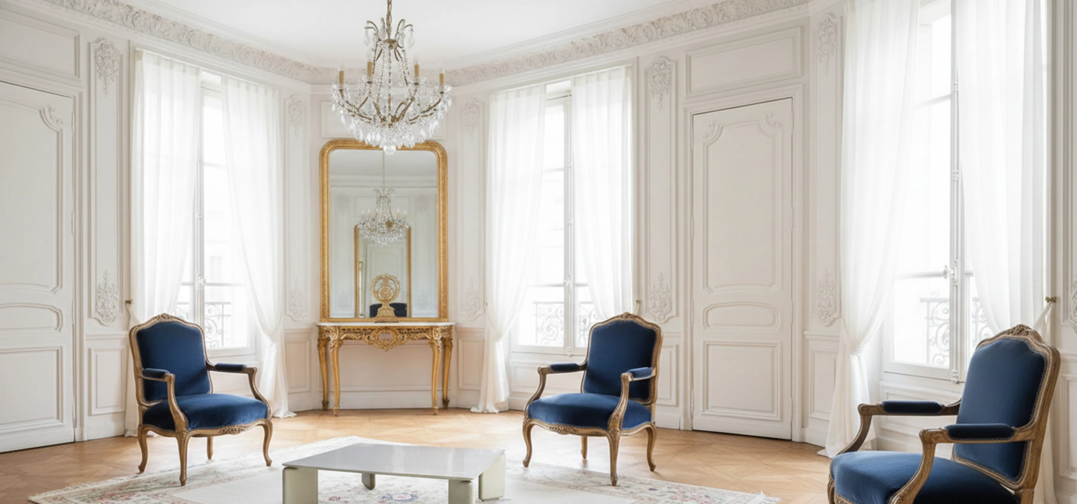 Tavolino da caffè antico vico magistretti in un ambiente elegante con poltrone blu.