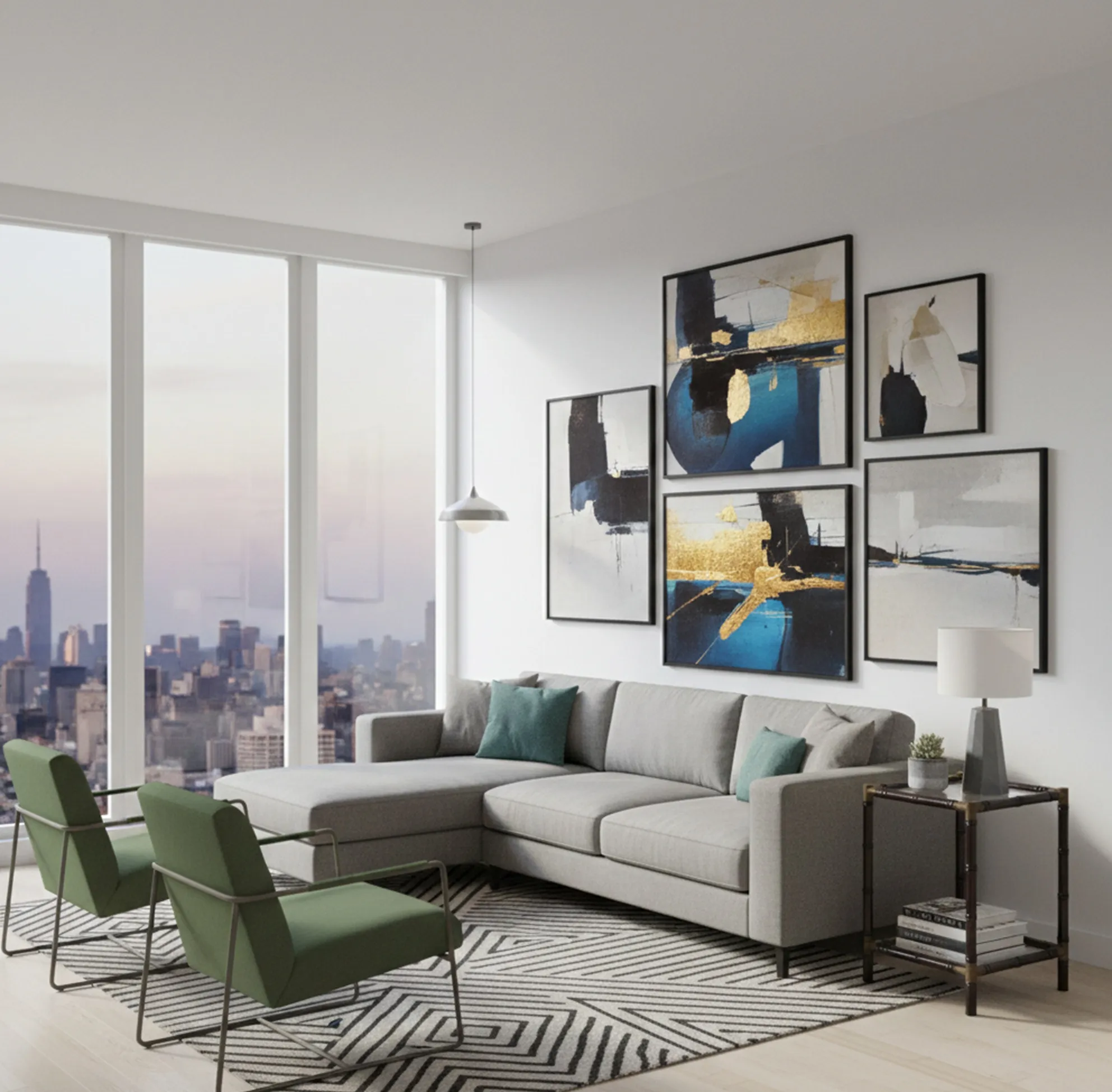 Антикварный маленький столик в современной комнате, современное искусство сзади.