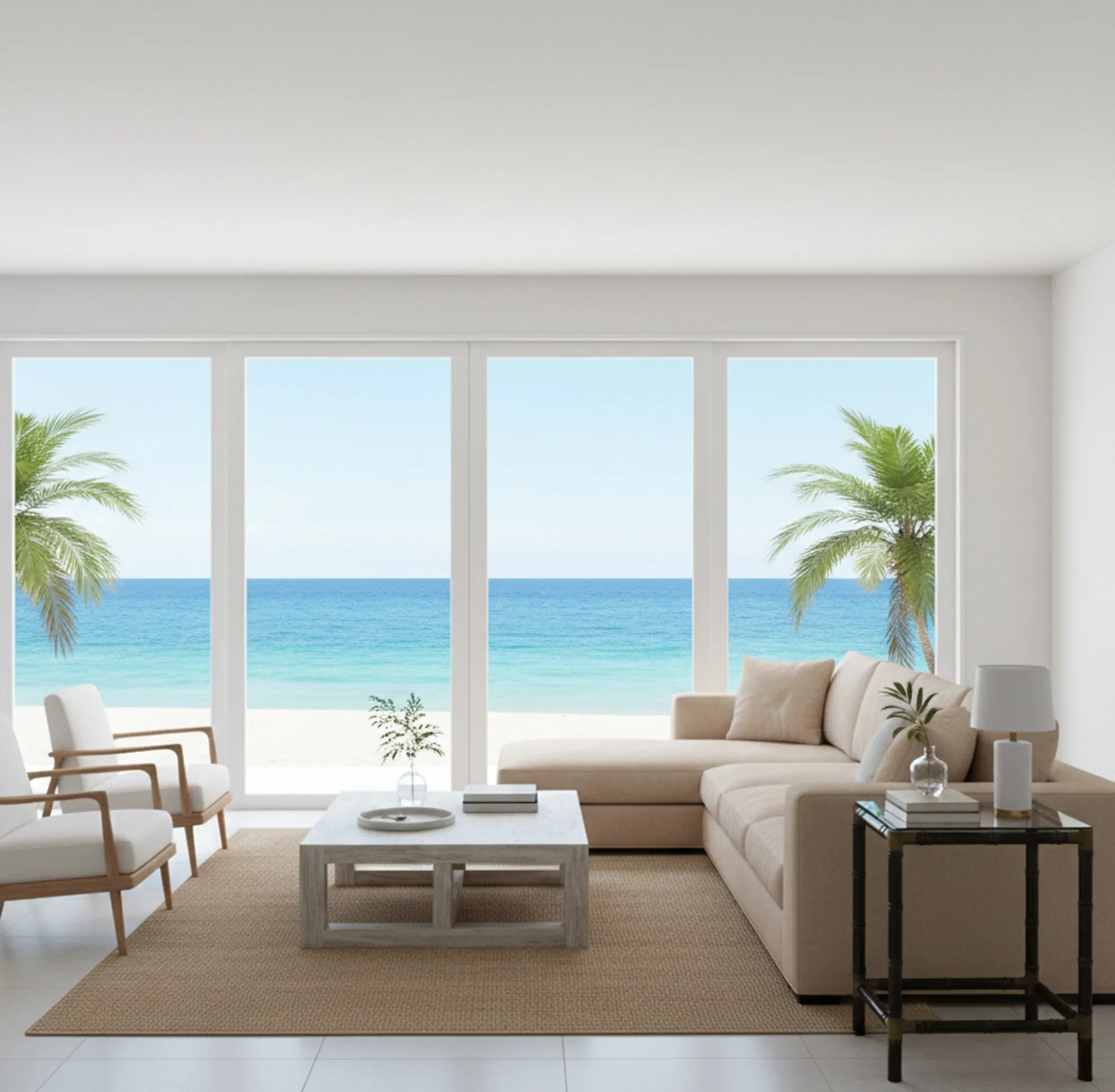 mesita antigua de estilo simple con ambiente moderno y vista al mar