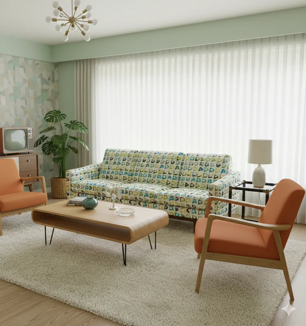 Antiker kleiner Tisch von William Billy Haines in einem gemütlichen Wohnzimmer mit Stühlen und Teppich.