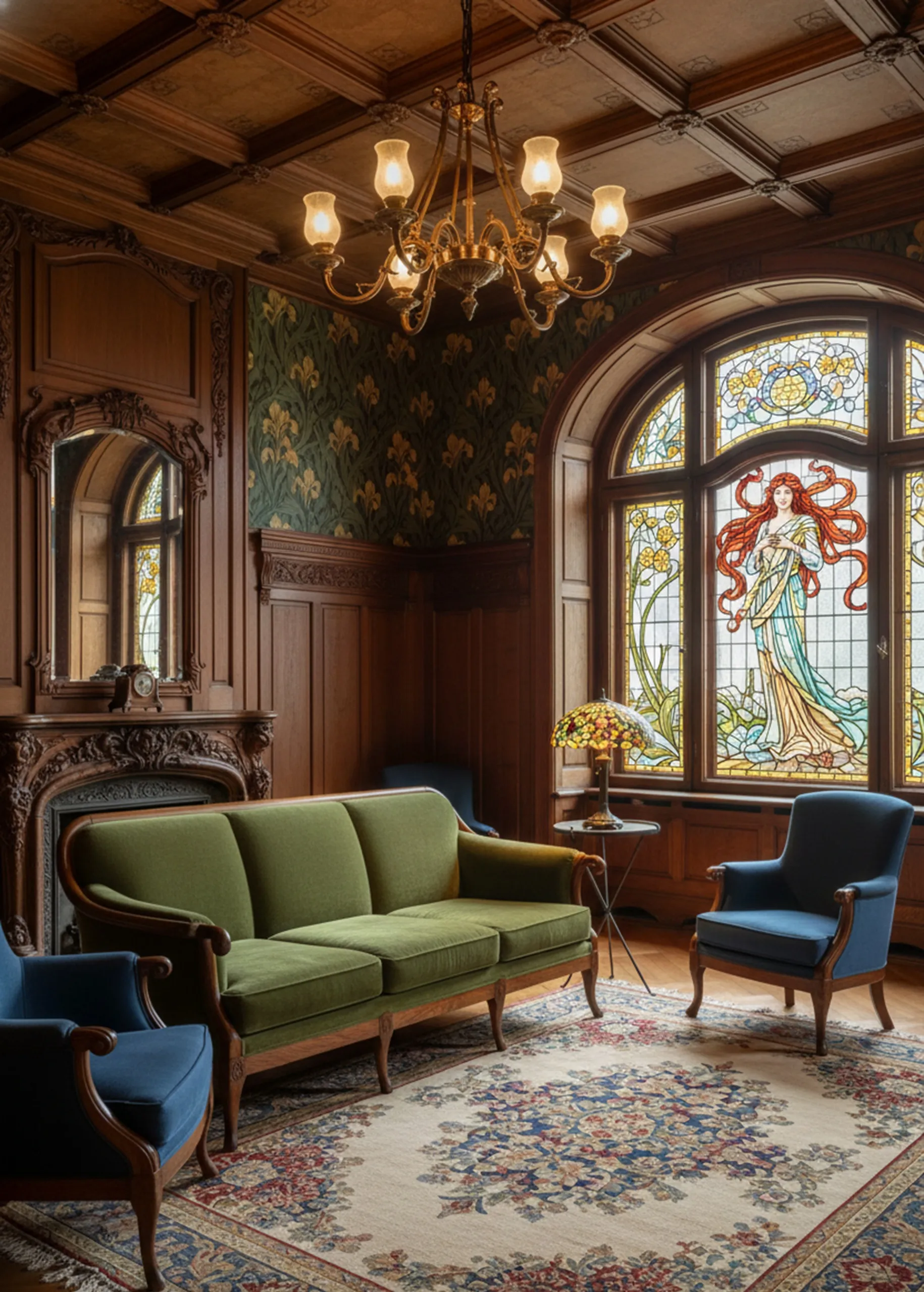 ancienne petite table à côté d'un canapé vert et de chaises bleues dans un salon