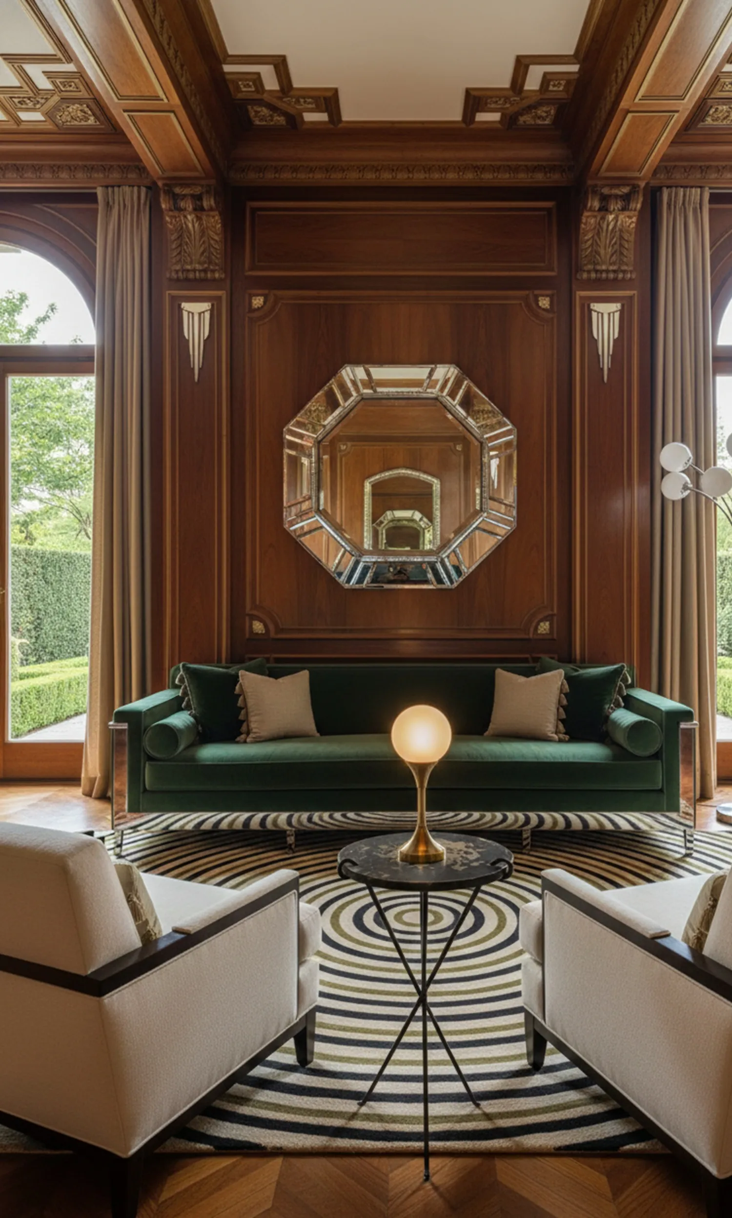 طاولة صغيرة قديمة في غرفة معيشة مريحة مع كراسي.