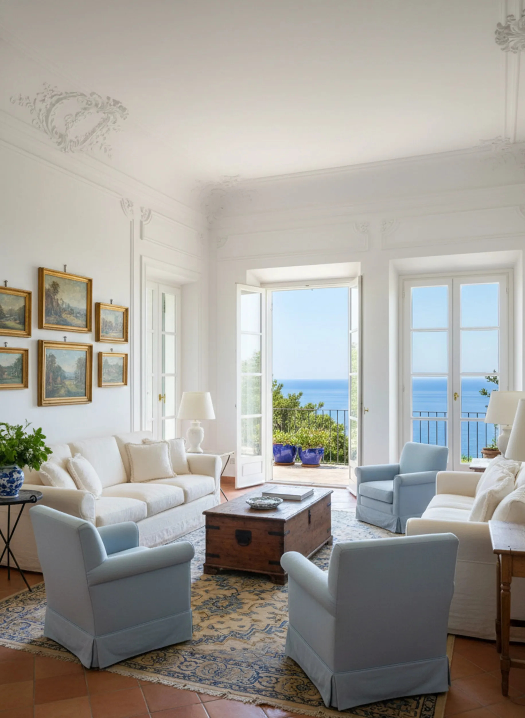Bright interior with antique small table and blue chairs