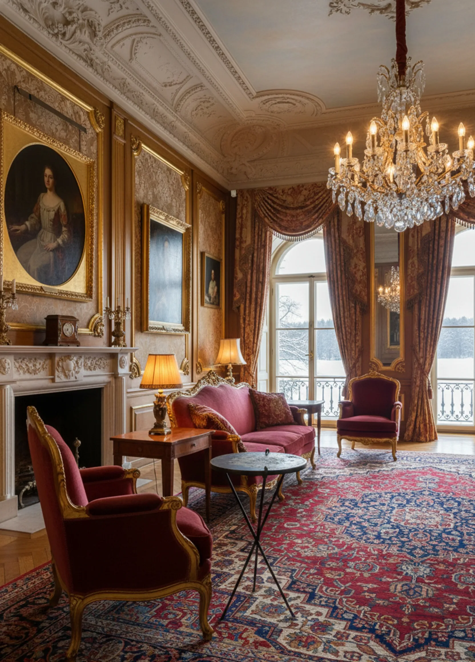 古老的小桌子，旁边有灯和艺术品