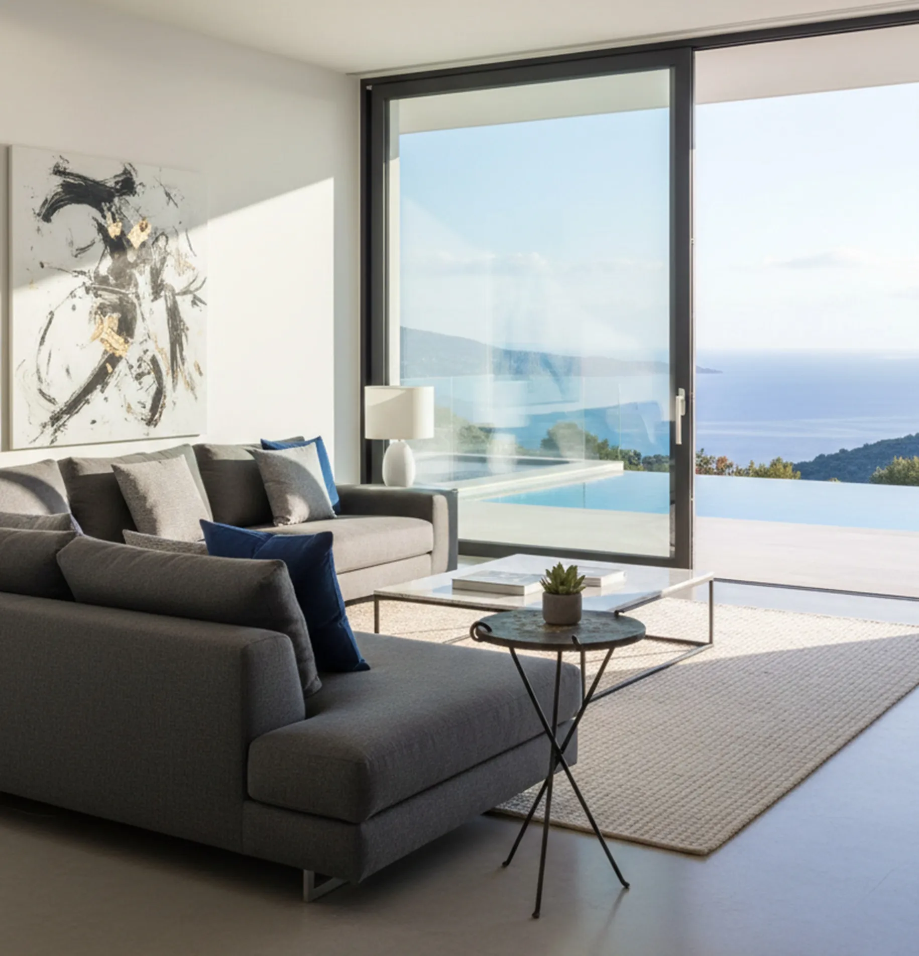 Antigua mesita de sala en un ambiente moderno con vista al mar.